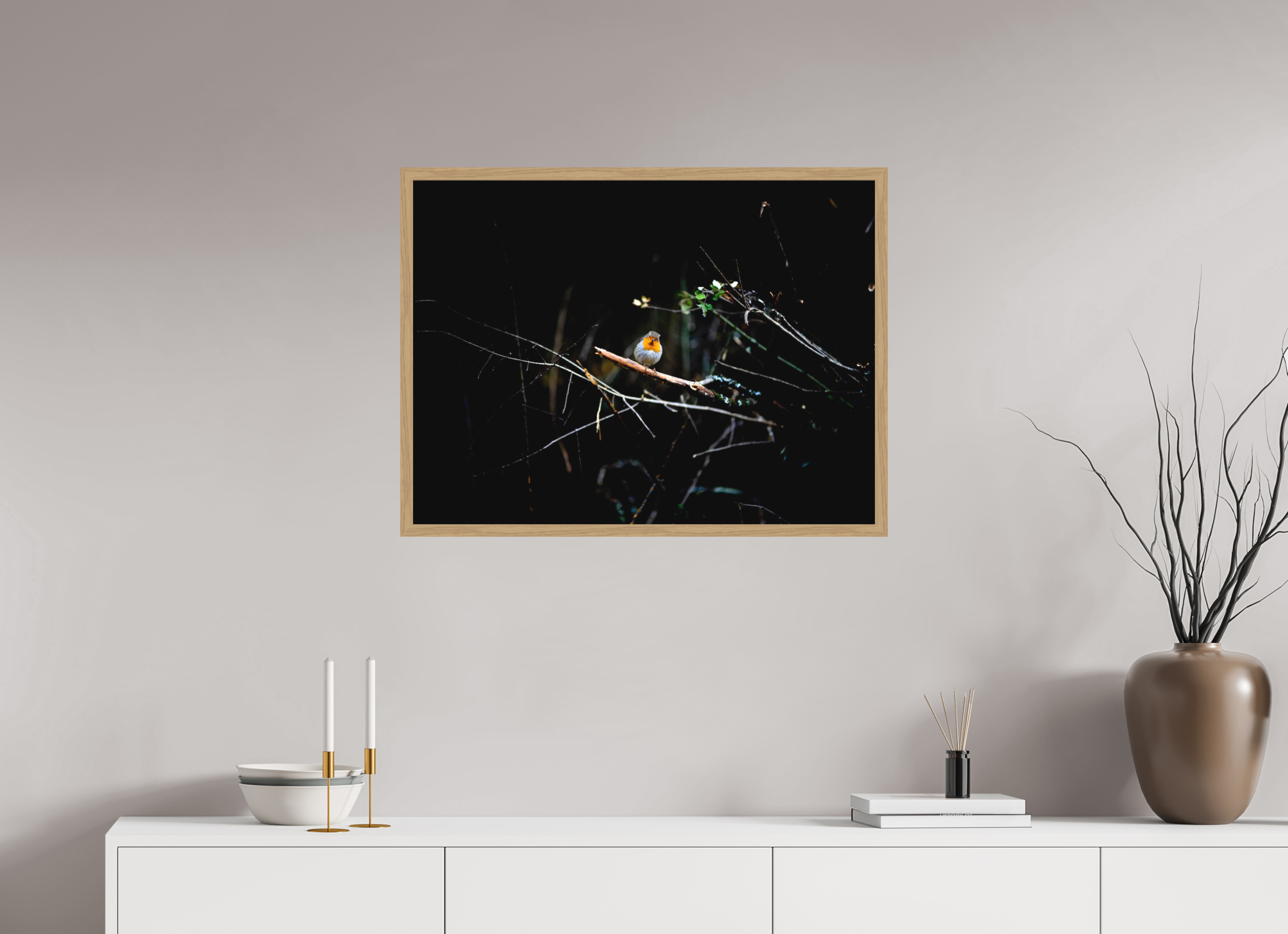 80 x 60 cm, Impression Fine Art encadrée en chêne naturel - mat Rouge gorge