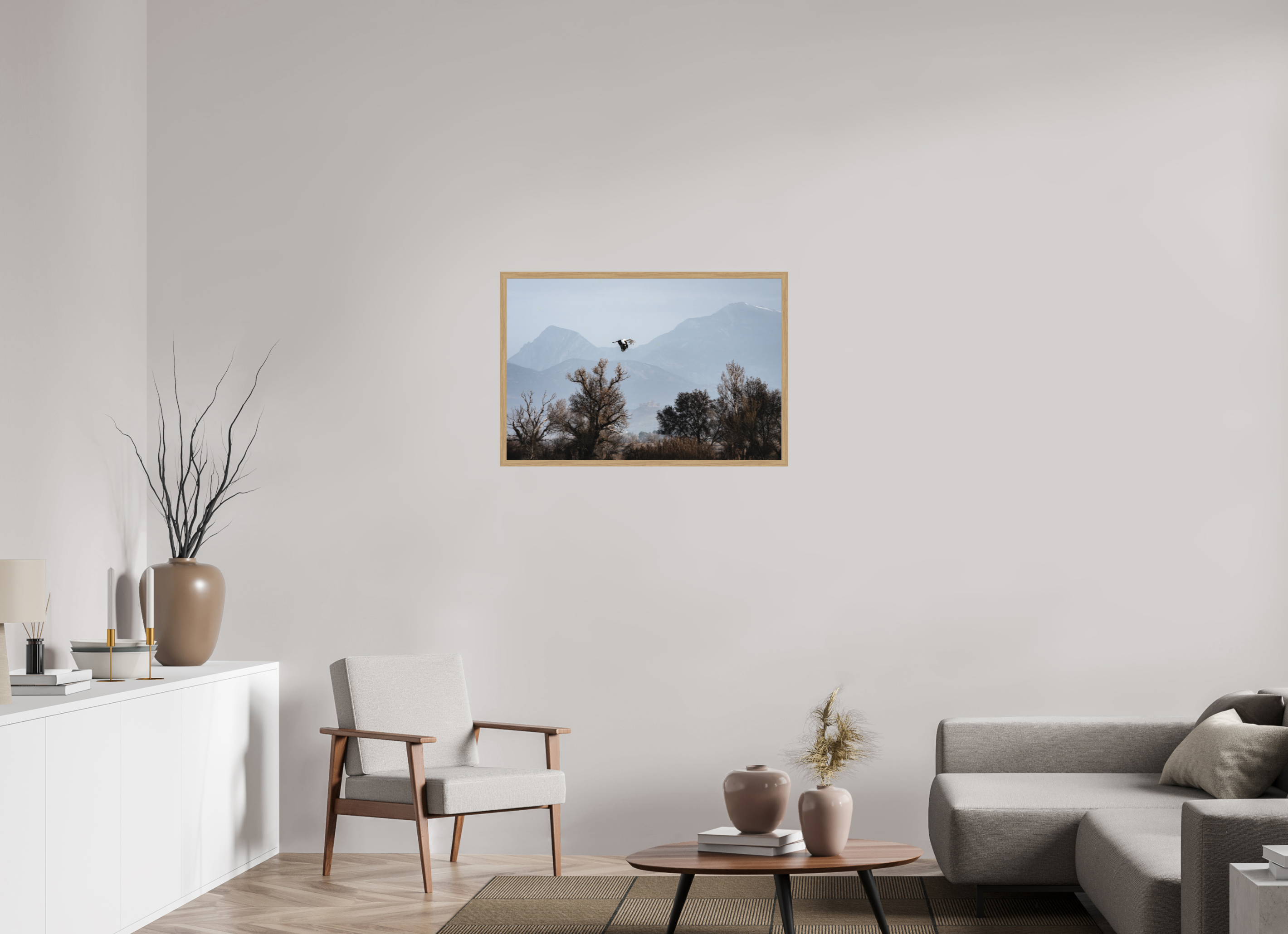 90 x 60 cm, Impression Fine Art encadrée en chêne naturel - mat Grues V