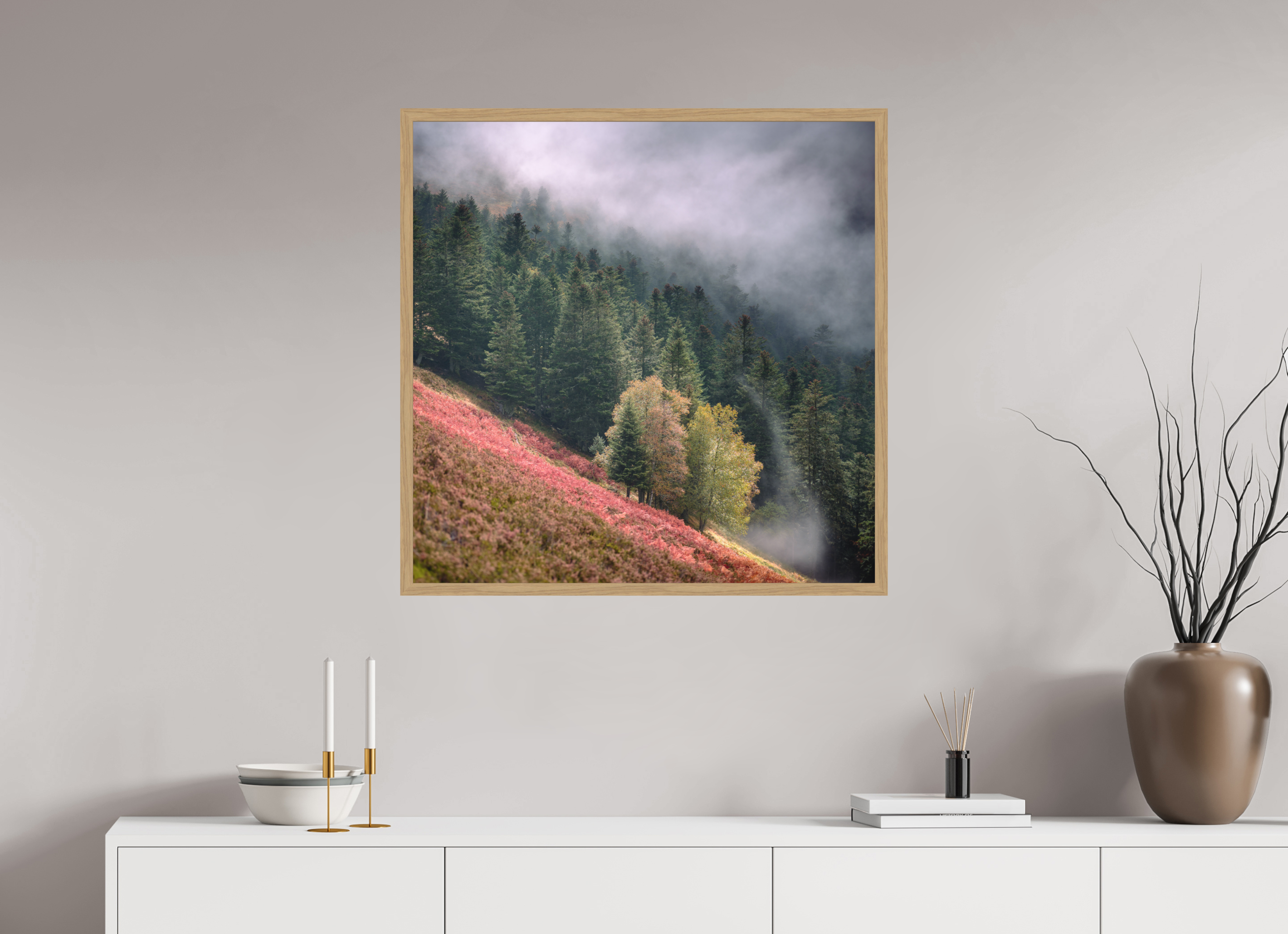80 x 80 cm, Impression Fine Art encadrée en chêne naturel - mat Brume du soir