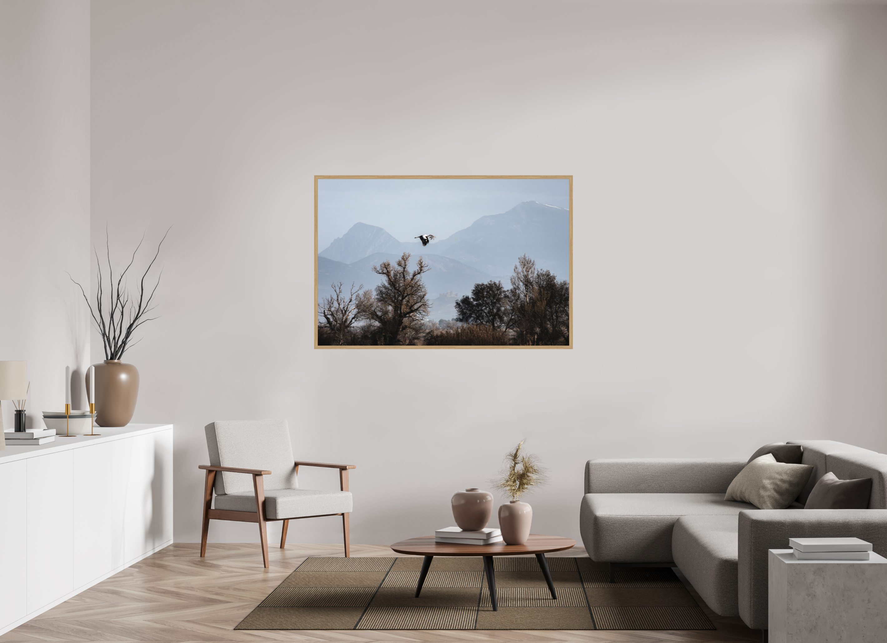 150 x 100 cm, Impression Fine Art encadrée en chêne naturel - mat Grues V