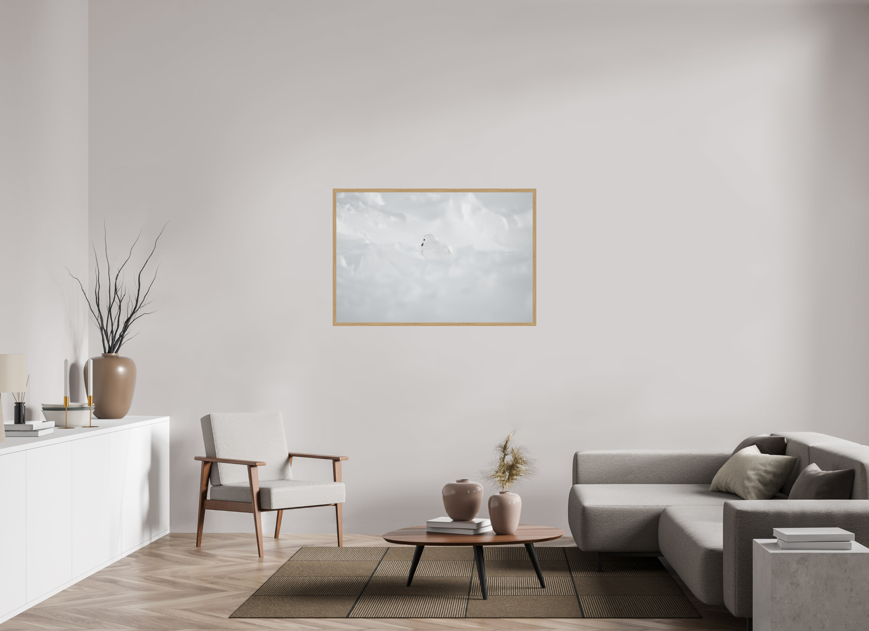 120 x 80 cm, Impression Fine Art encadrée en chêne naturel - mat Le Pétrel des Neiges