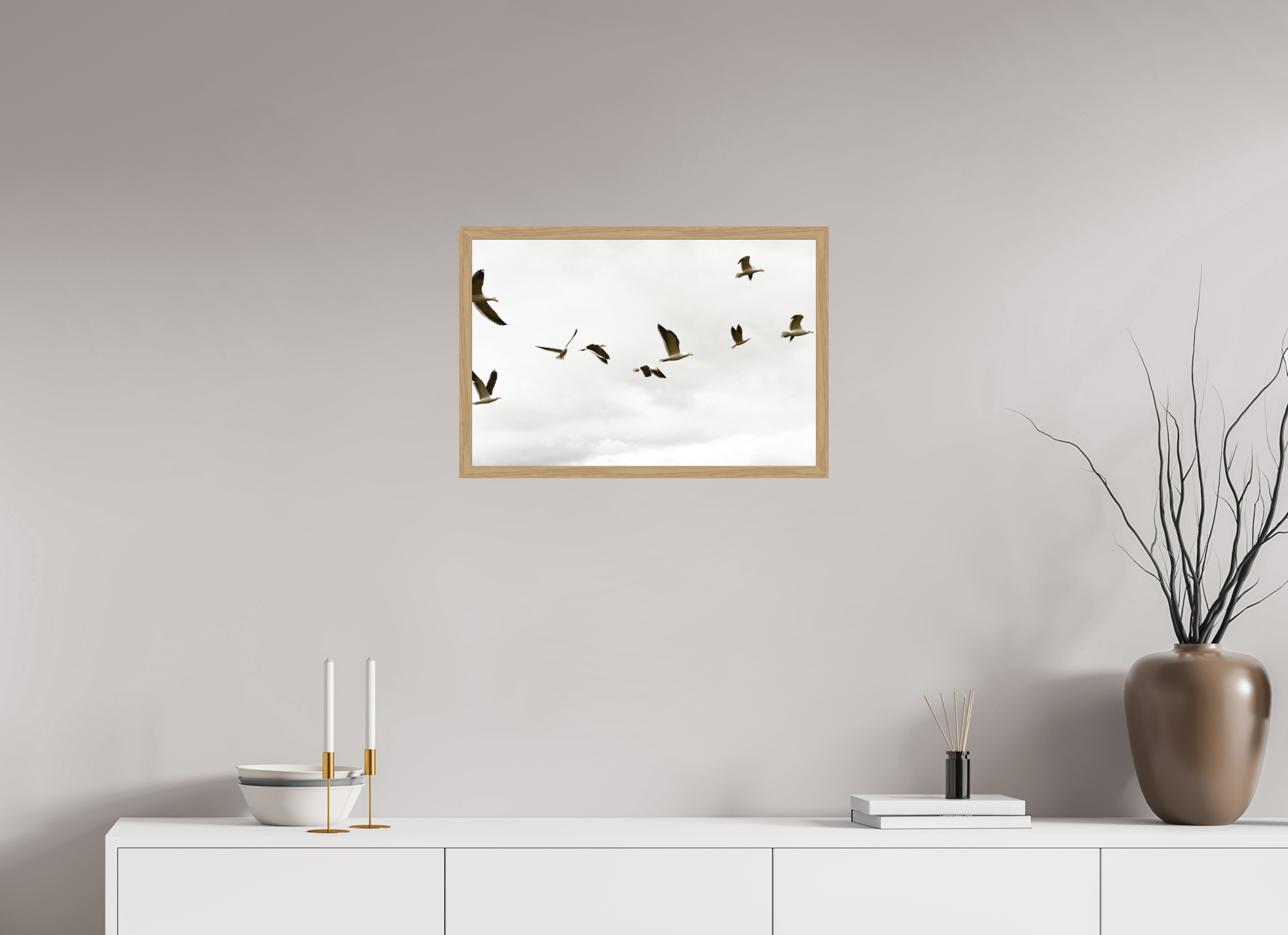 60 x 40 cm, Impression Fine Art encadrée en chêne naturel - mat Goelands