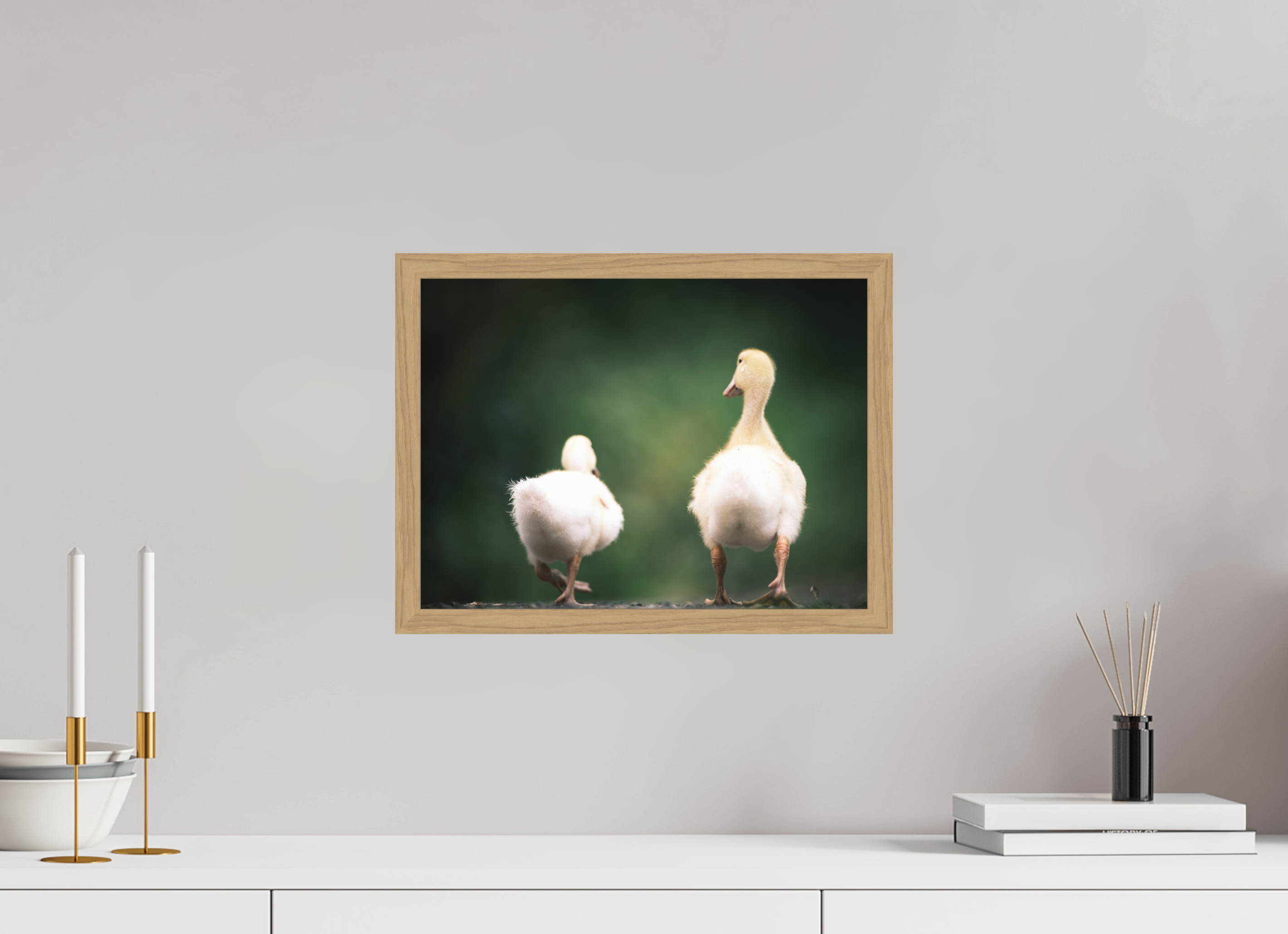40 x 30 cm, Impression Fine Art encadrée en chêne naturel - mat Canards I