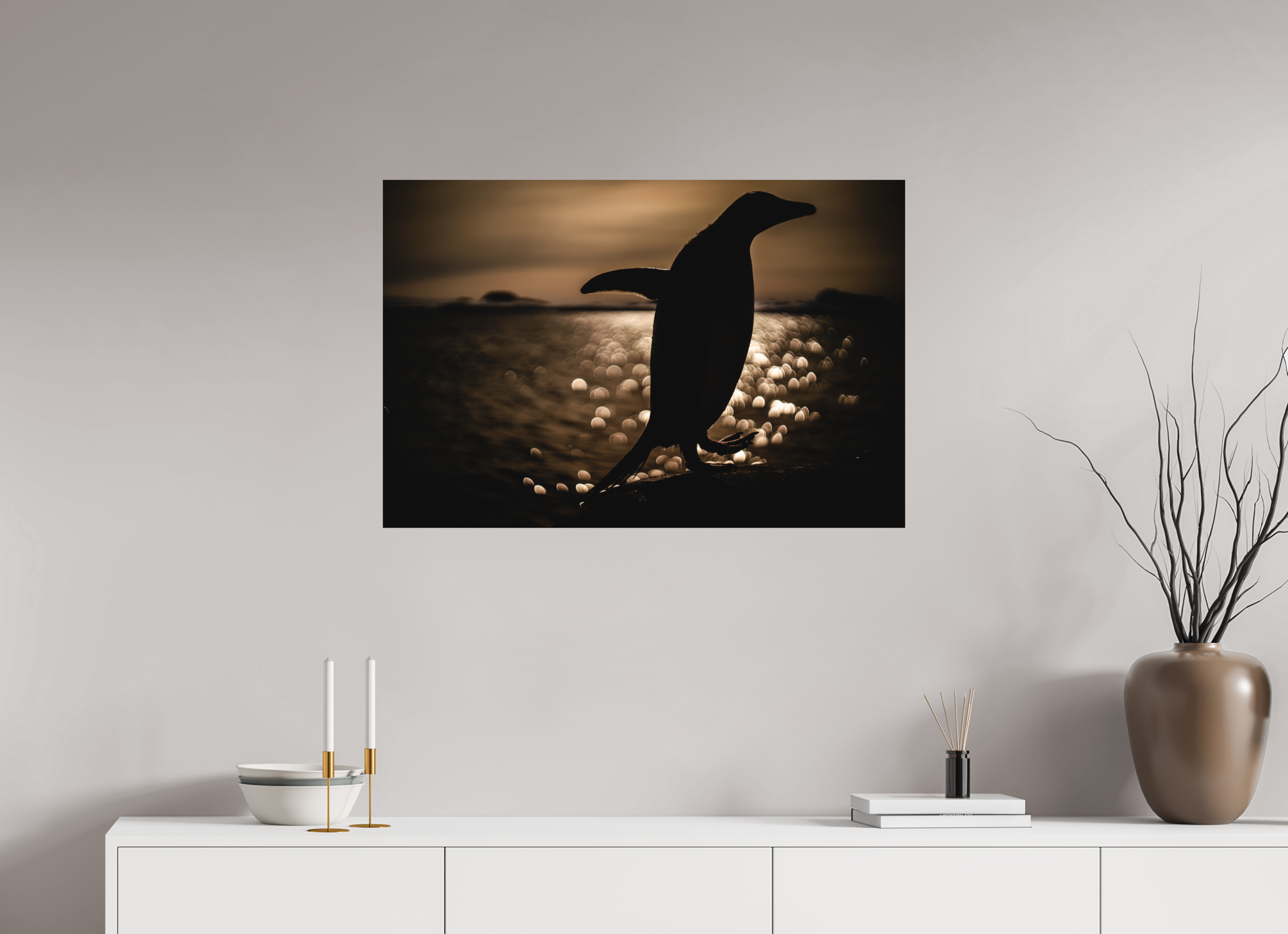 90 x 60 cm, Impression Fine Art - mat Manchot Adélie et coucher de soleil