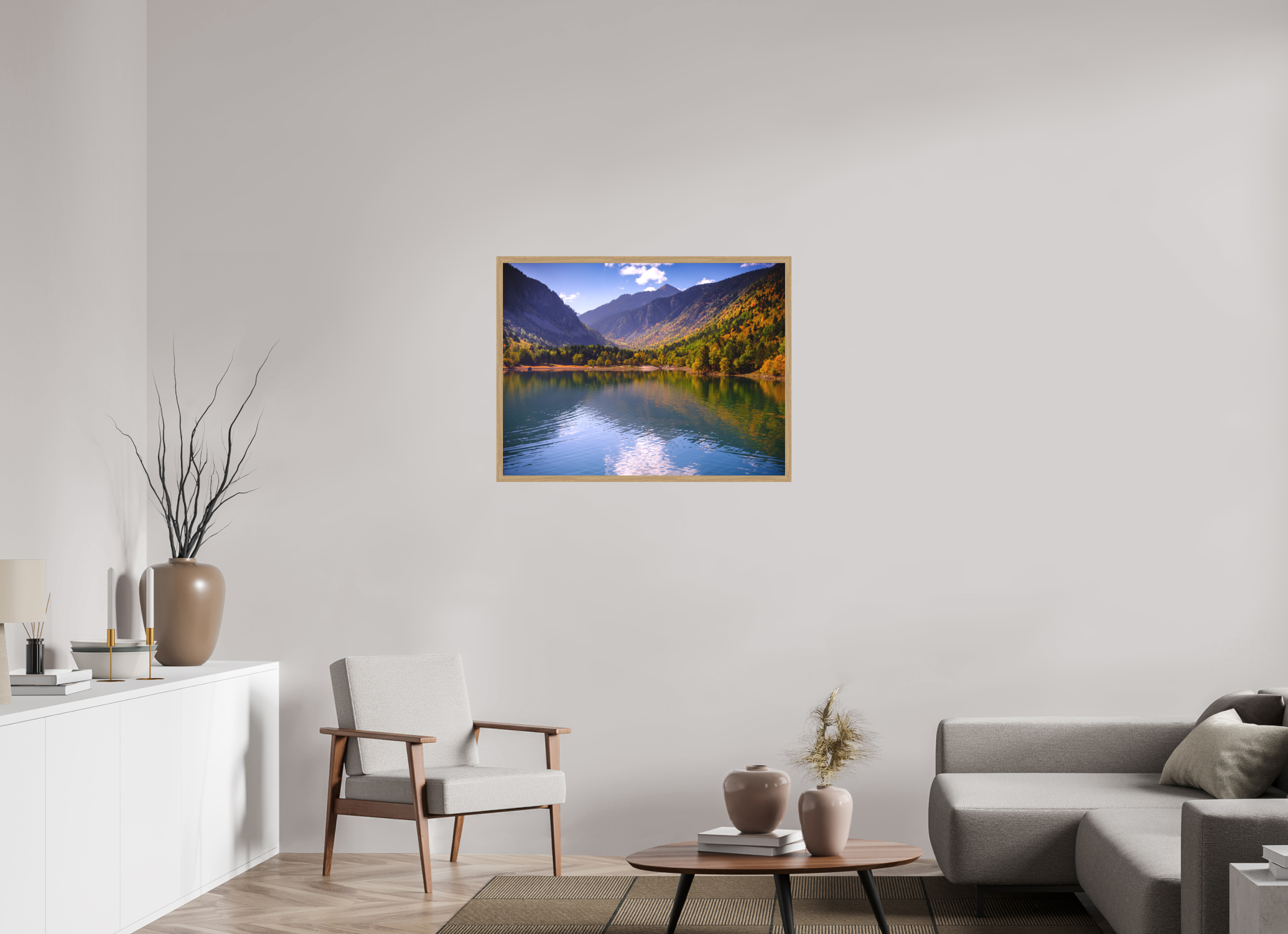 92,3 x 70 cm, Impression Fine Art encadrée en chêne naturel - mat Lac et automne