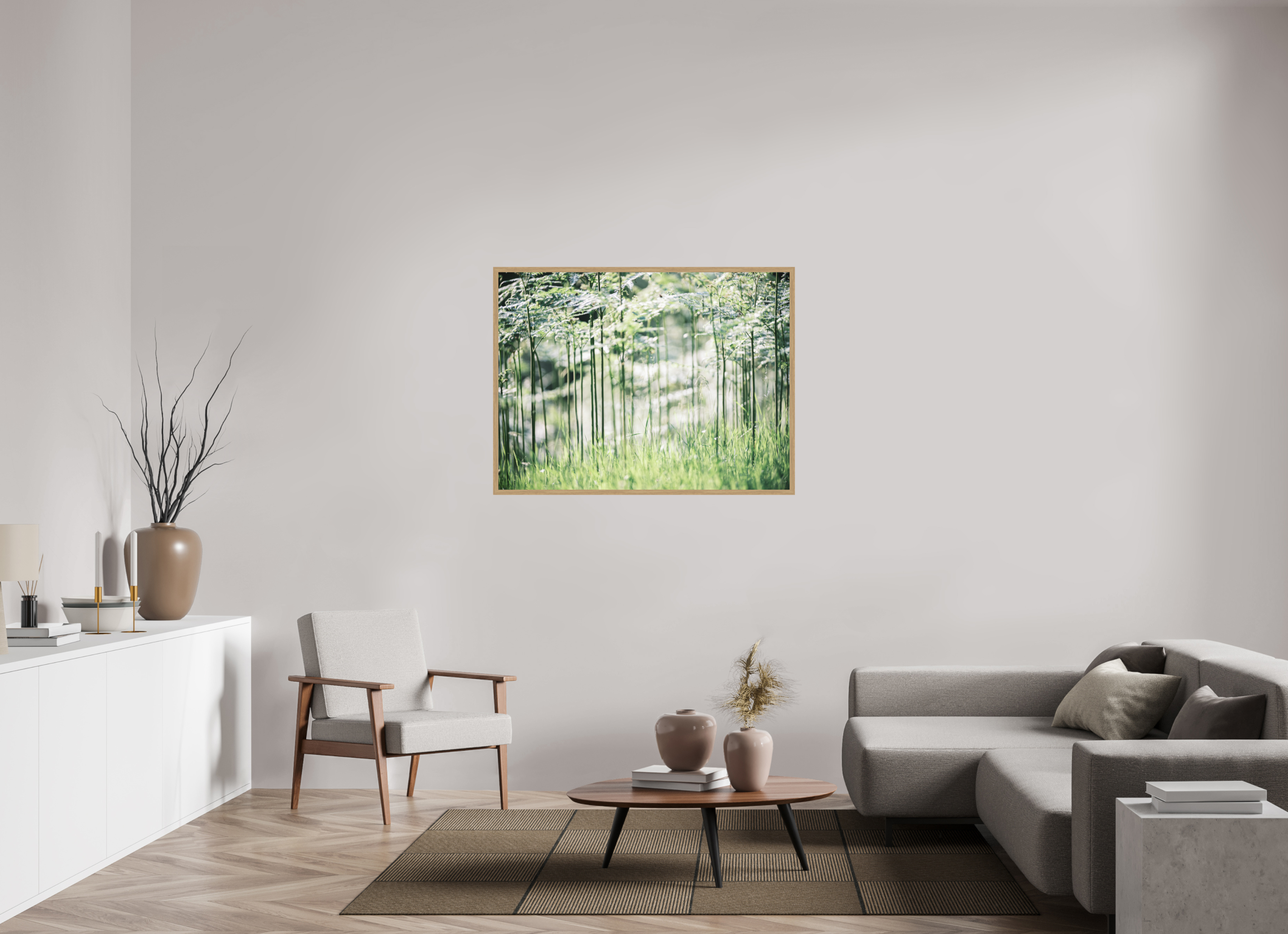 120 x 90 cm, Impression Fine Art encadrée en chêne naturel - mat Bienvenue à Jurassic Park