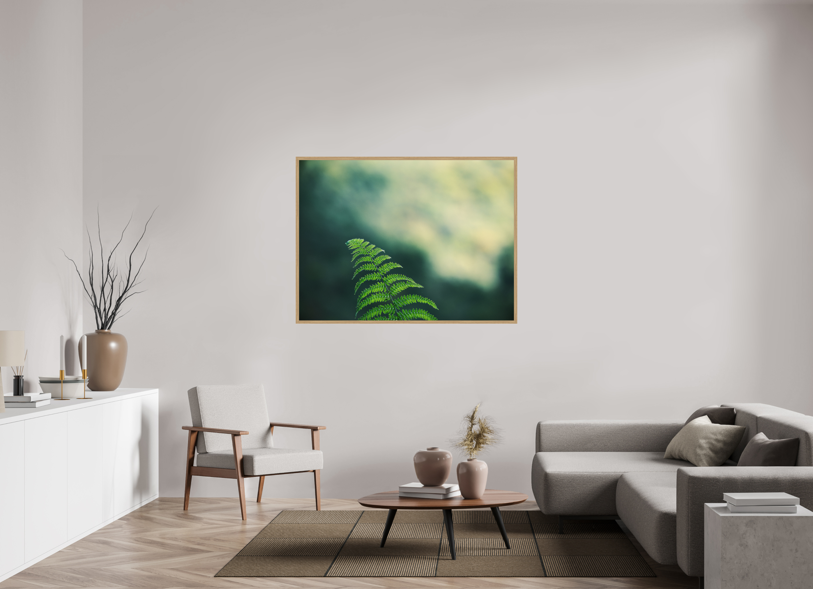 140 x 105 cm, Impression Fine Art encadrée en chêne naturel - mat Fougère