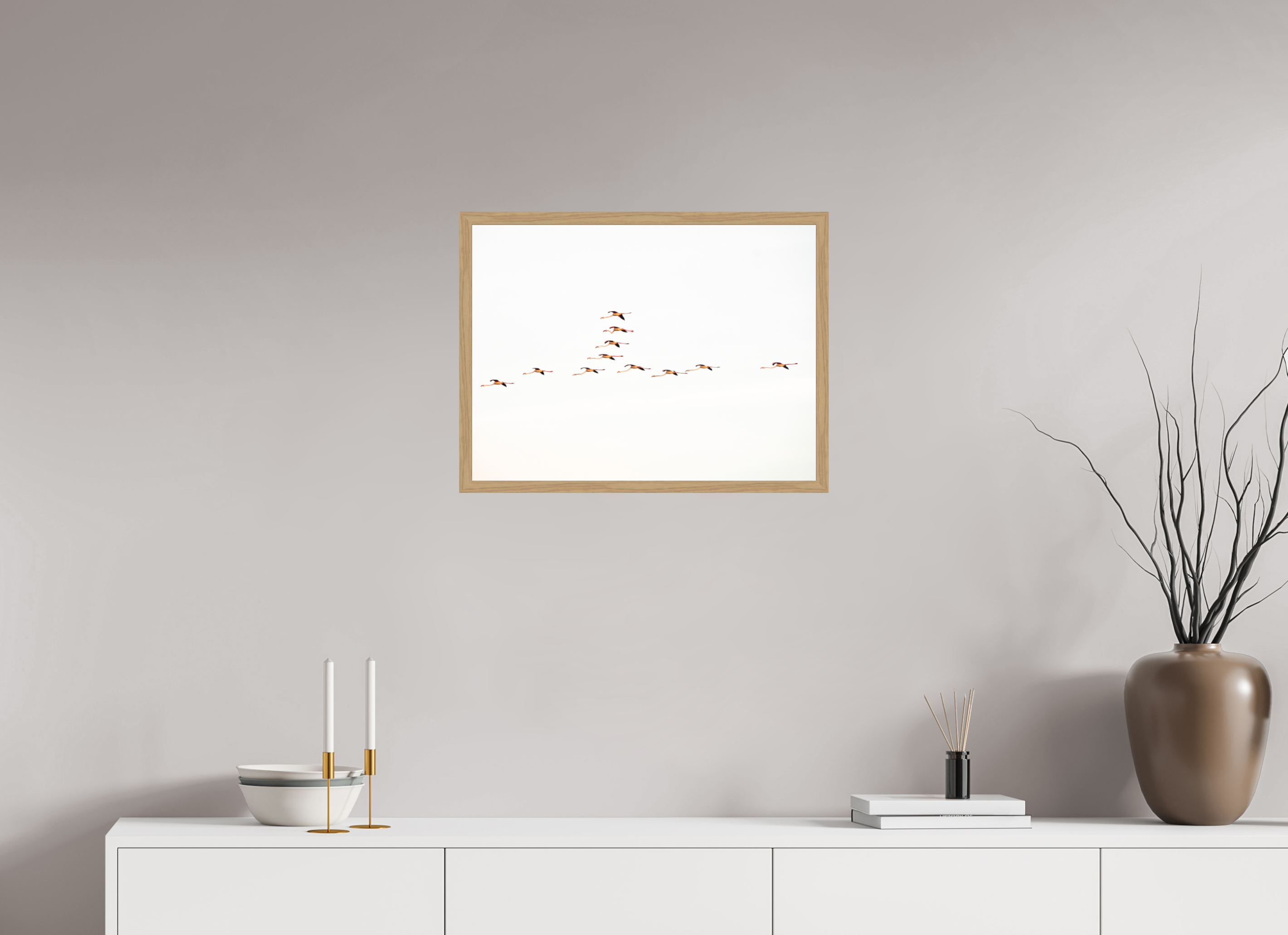 60 x 45 cm, Impression Fine Art encadrée en chêne naturel - mat Flamands roses
