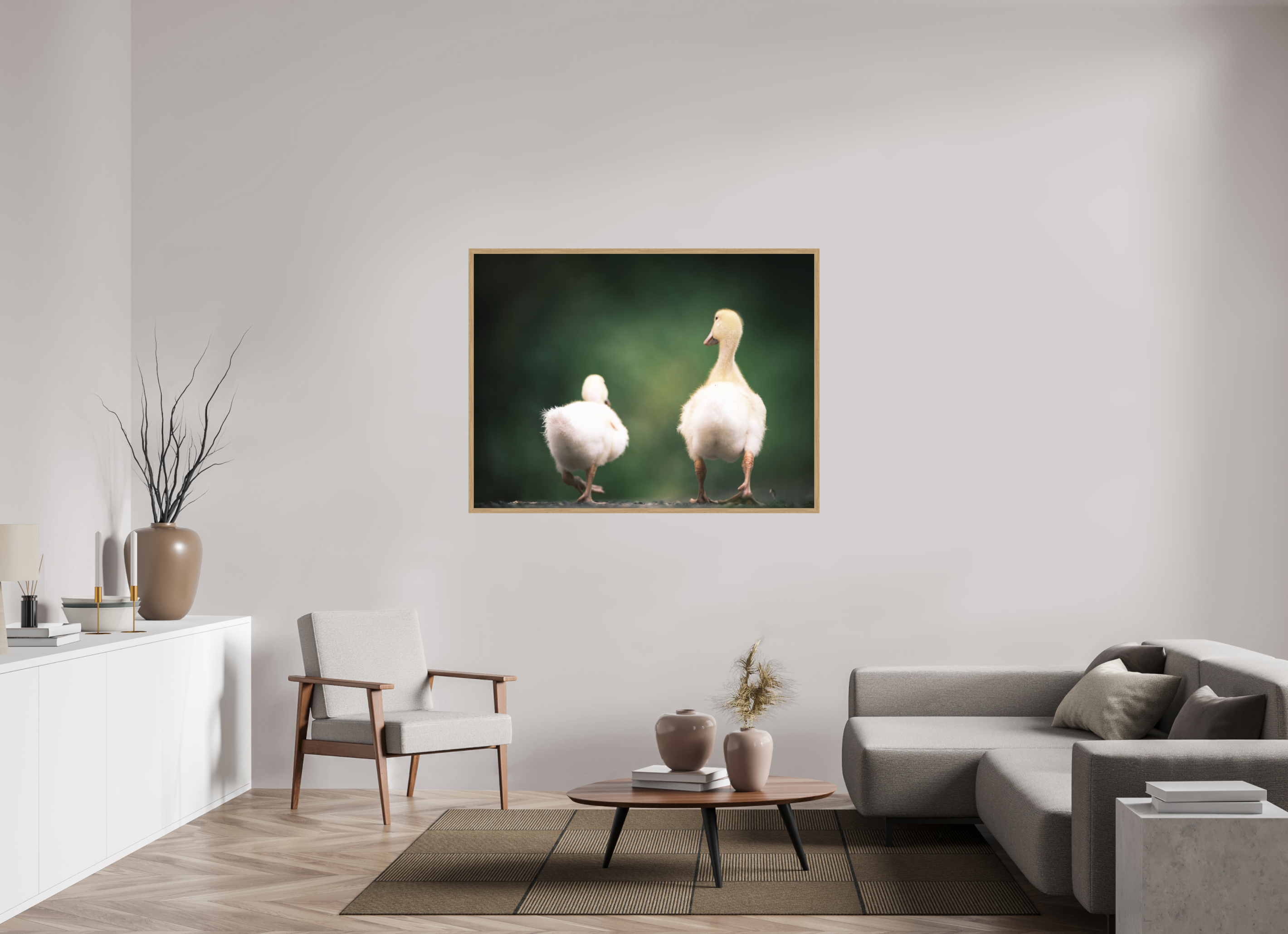 140 x 105 cm, Impression Fine Art encadrée en chêne naturel - mat Canards I