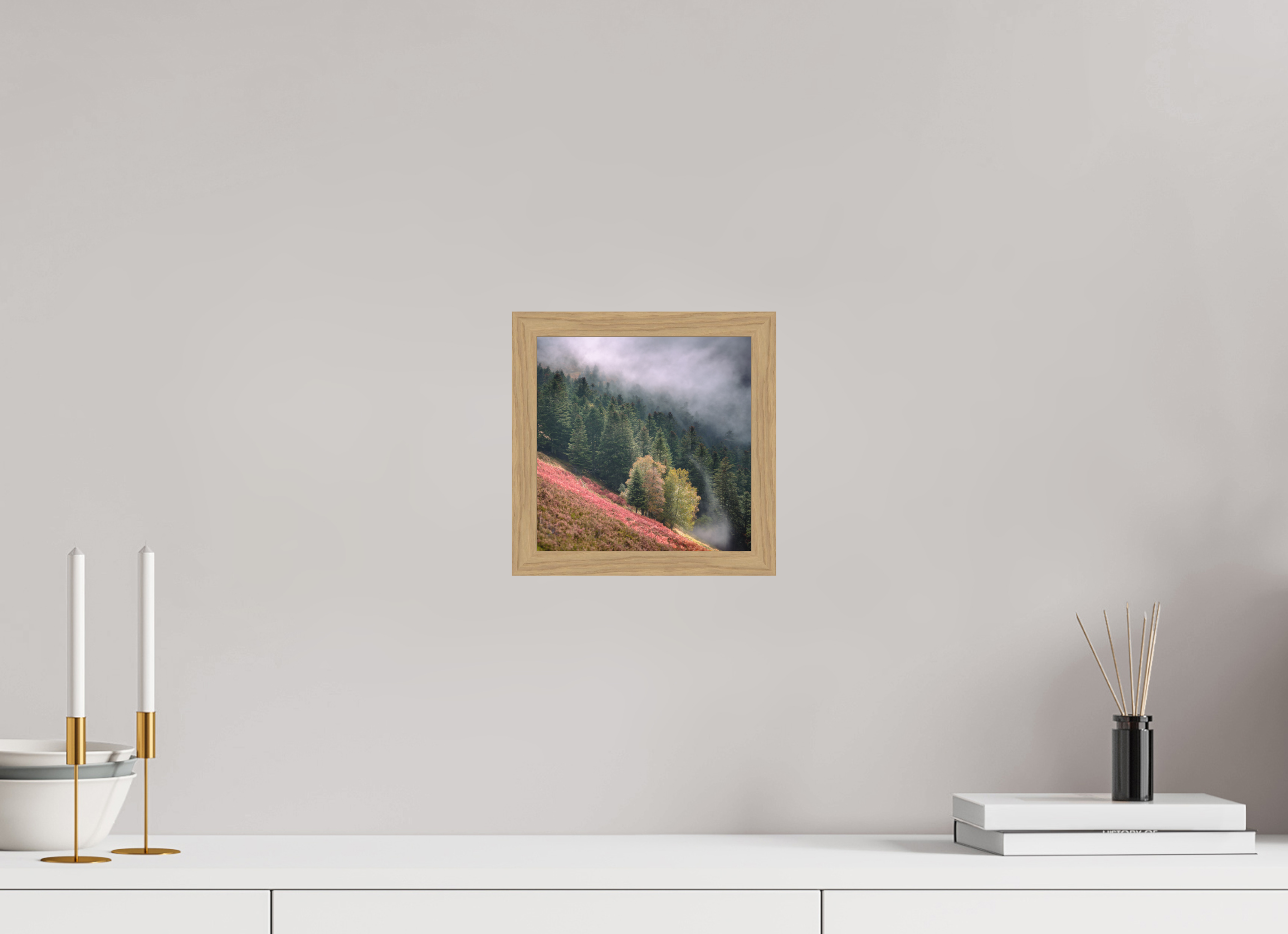 20 x 20 cm, Impression Fine Art encadrée en chêne naturel - mat Brume du soir