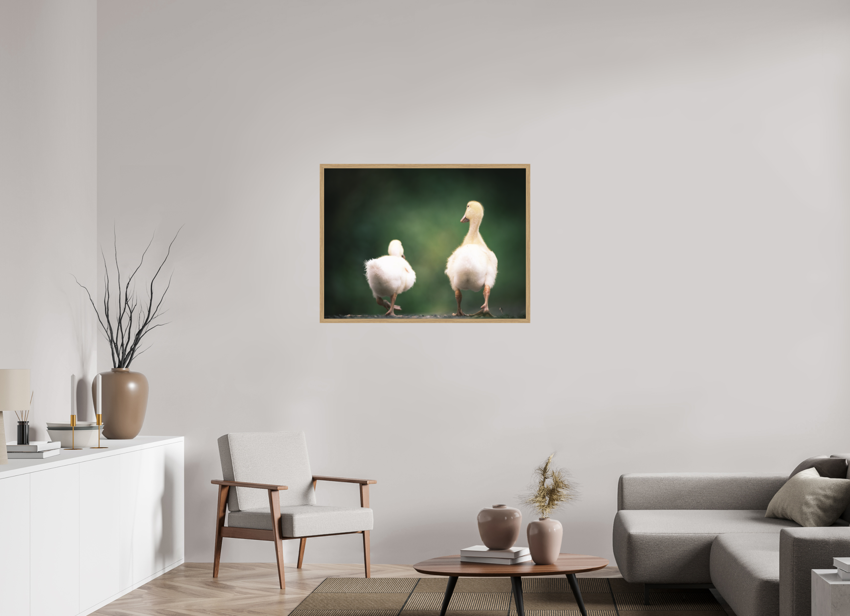 100 x 75 cm, Impression Fine Art encadrée en chêne naturel - mat Canards I