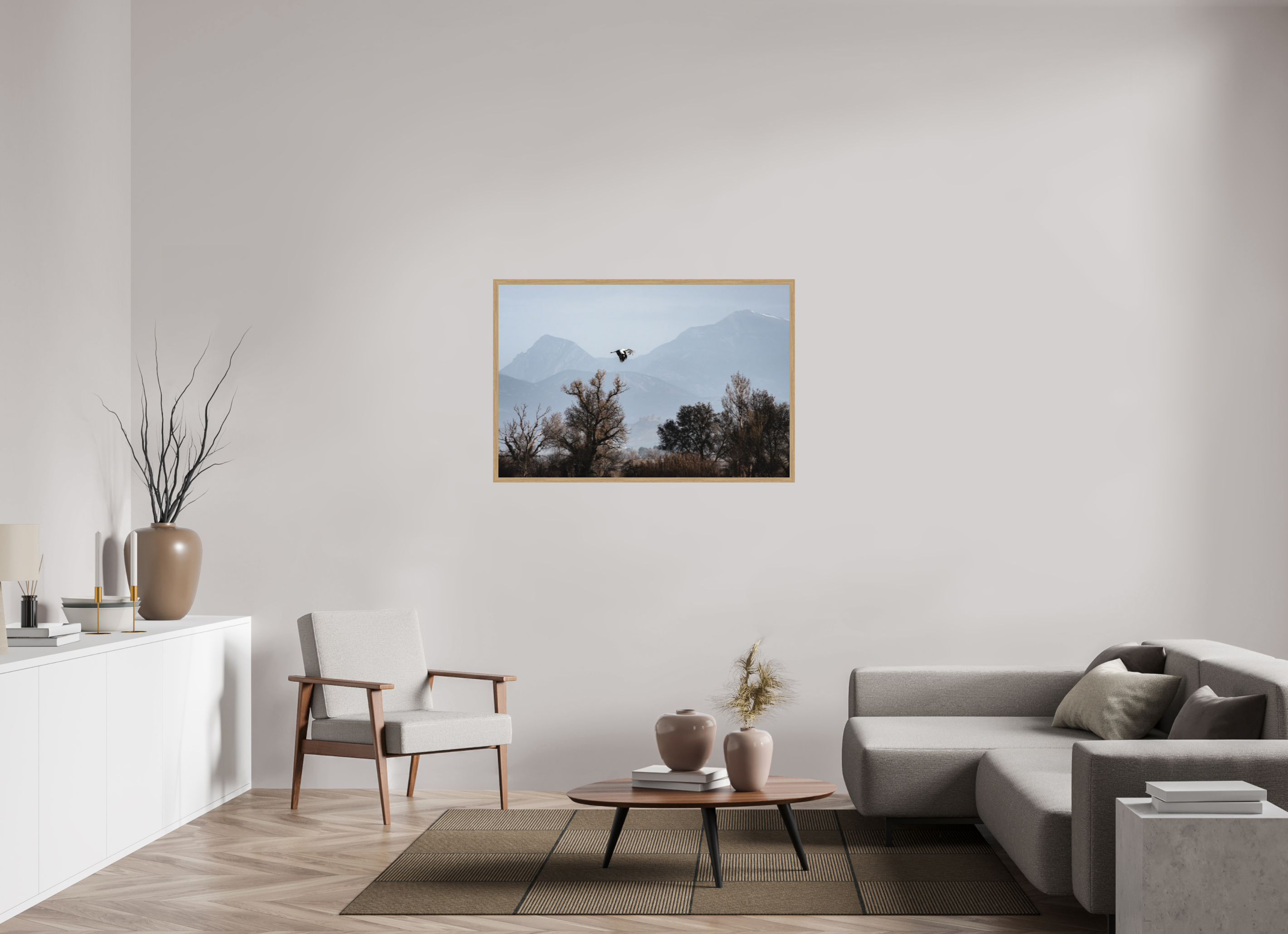 120 x 80 cm, Impression Fine Art encadrée en chêne naturel - mat Grues V