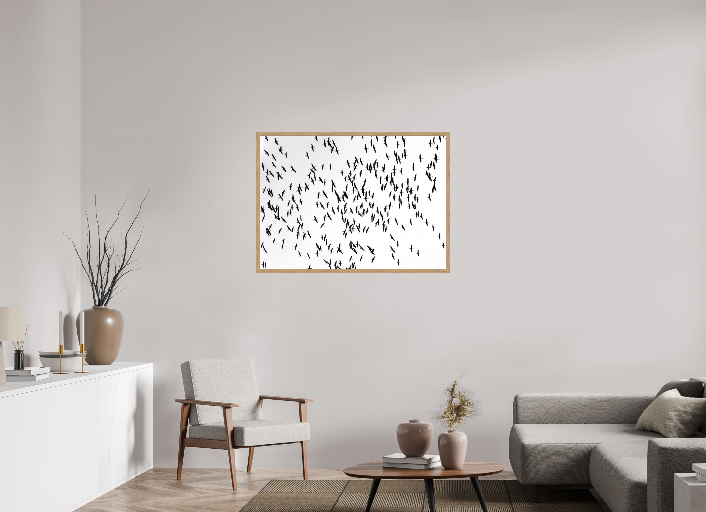 111,3 x 80 cm, Impression Fine Art encadrée en chêne naturel - mat Grues III
