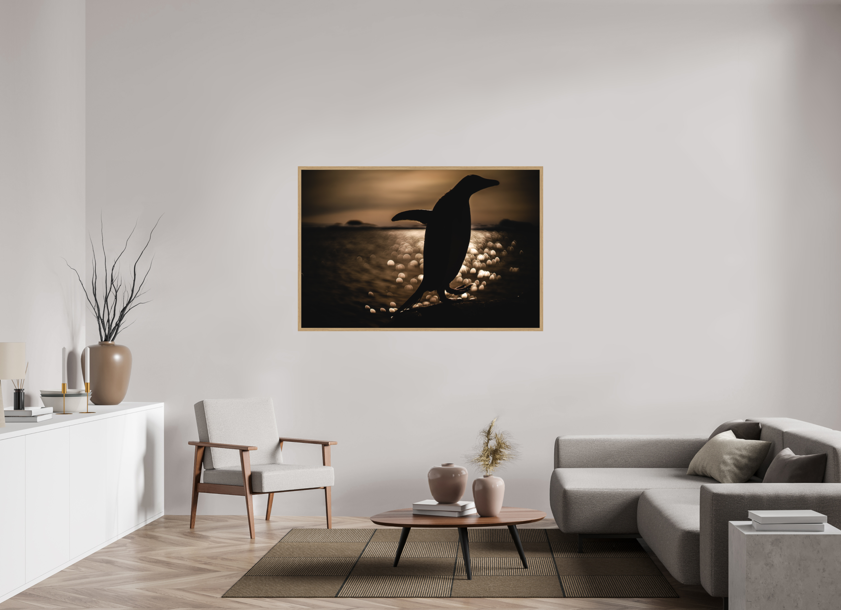 150 x 100 cm, Impression Fine Art encadrée en chêne naturel - mat Manchot Adélie et coucher de soleil