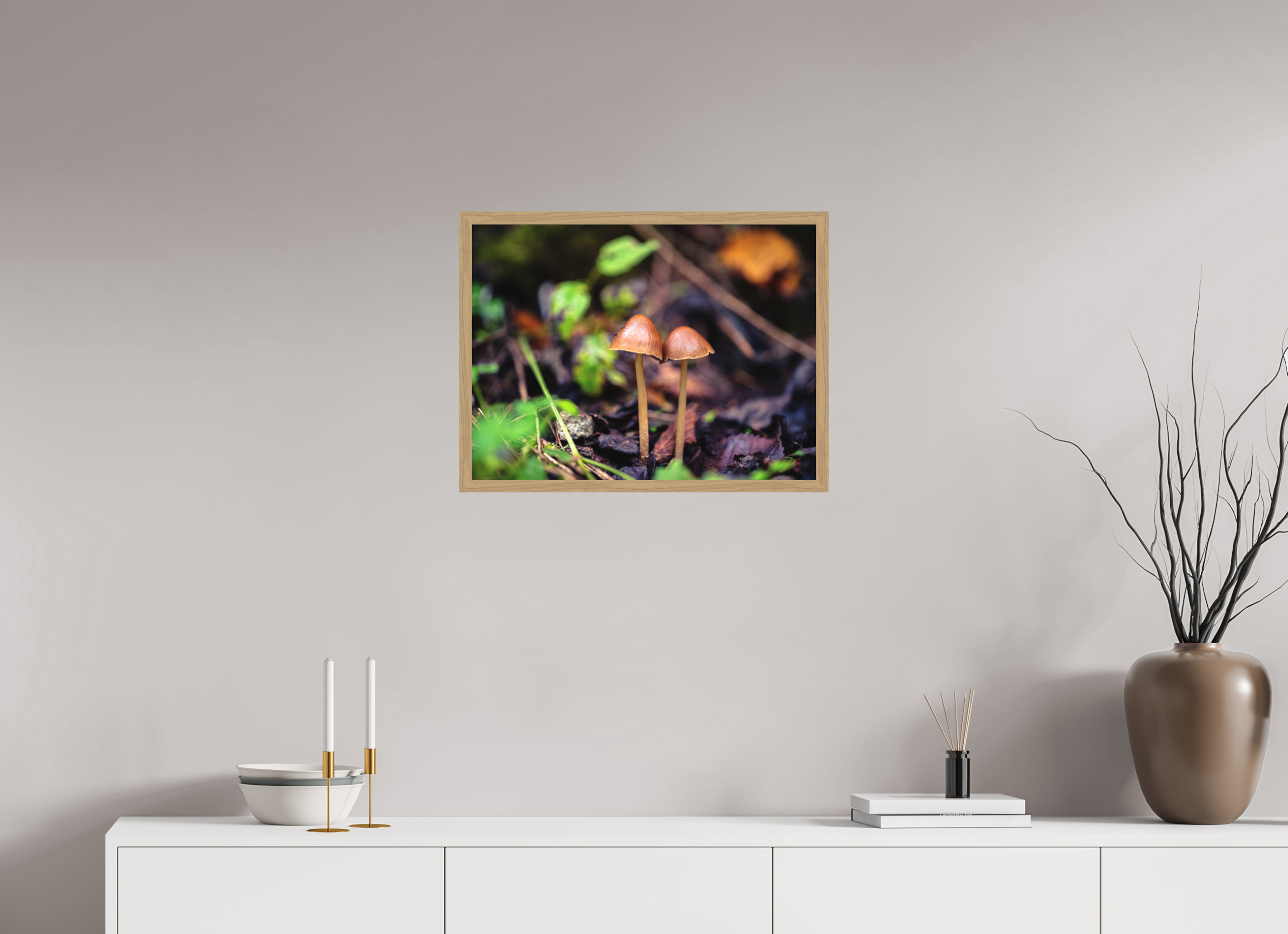 60 x 45 cm, Impression Fine Art encadrée en chêne naturel - mat Champignons