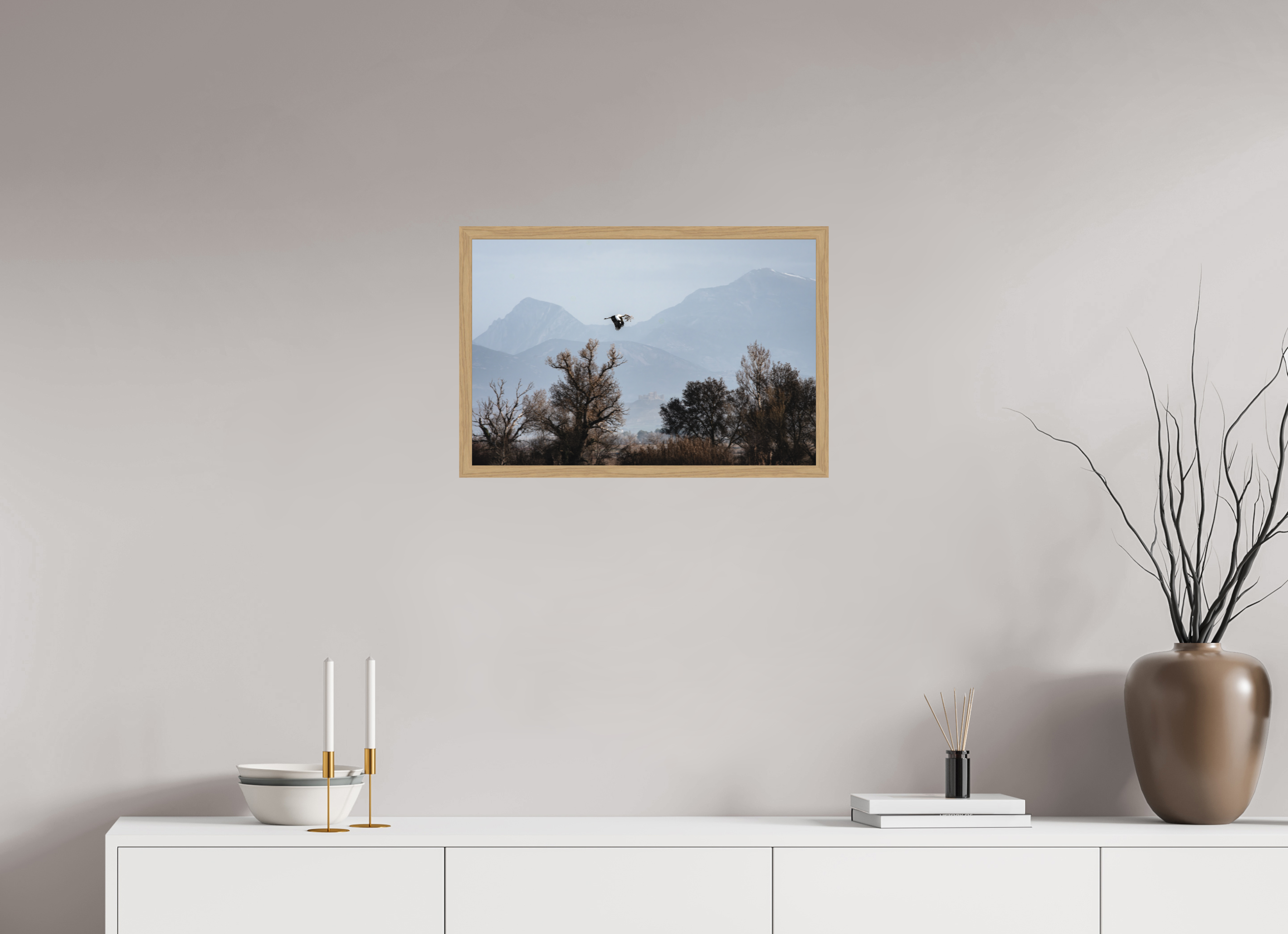 60 x 40 cm, Impression Fine Art encadrée en chêne naturel - mat Grues V