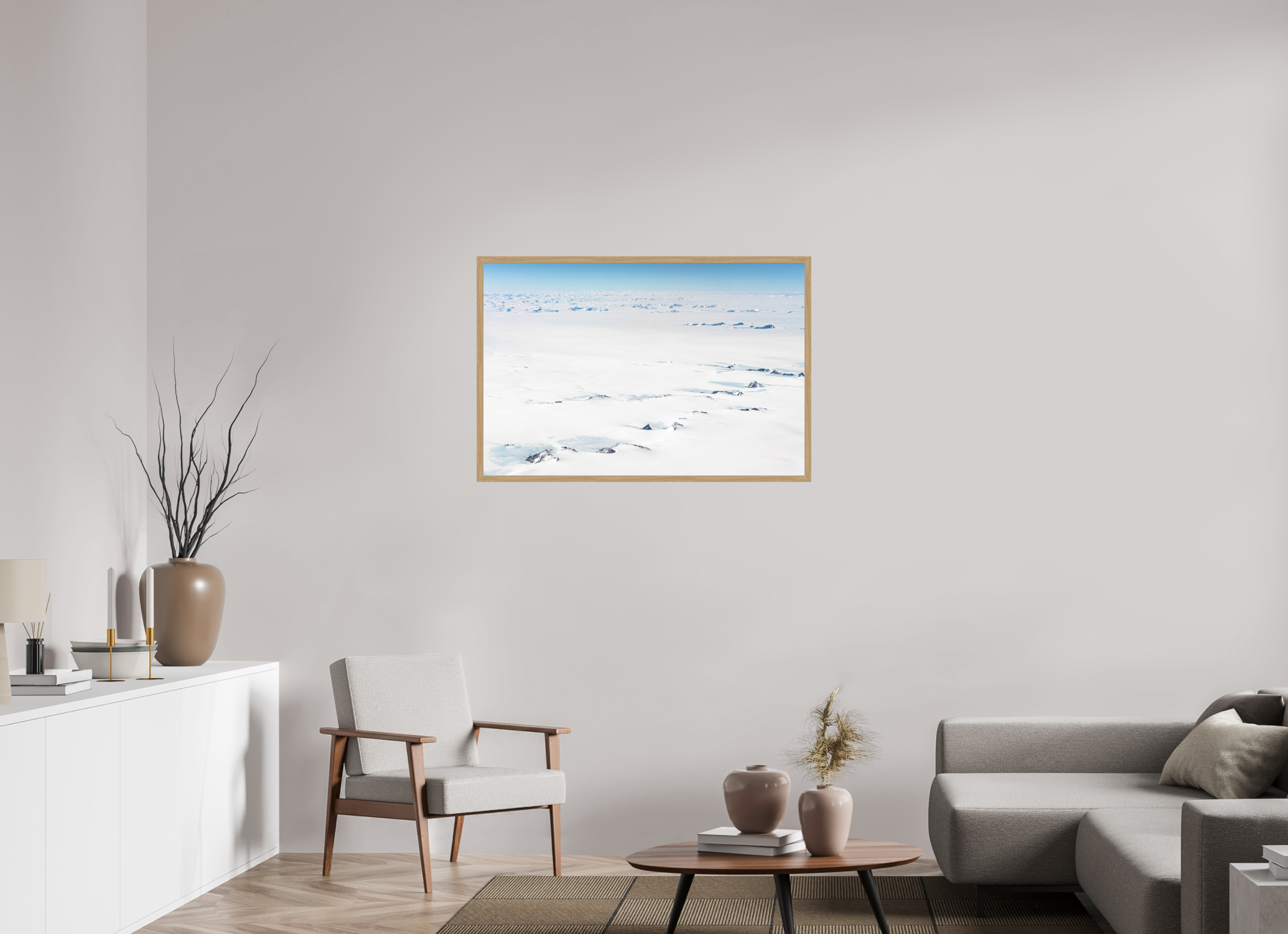 105 x 70 cm, Impression Fine Art encadrée en chêne naturel - mat Le Continent Glacé