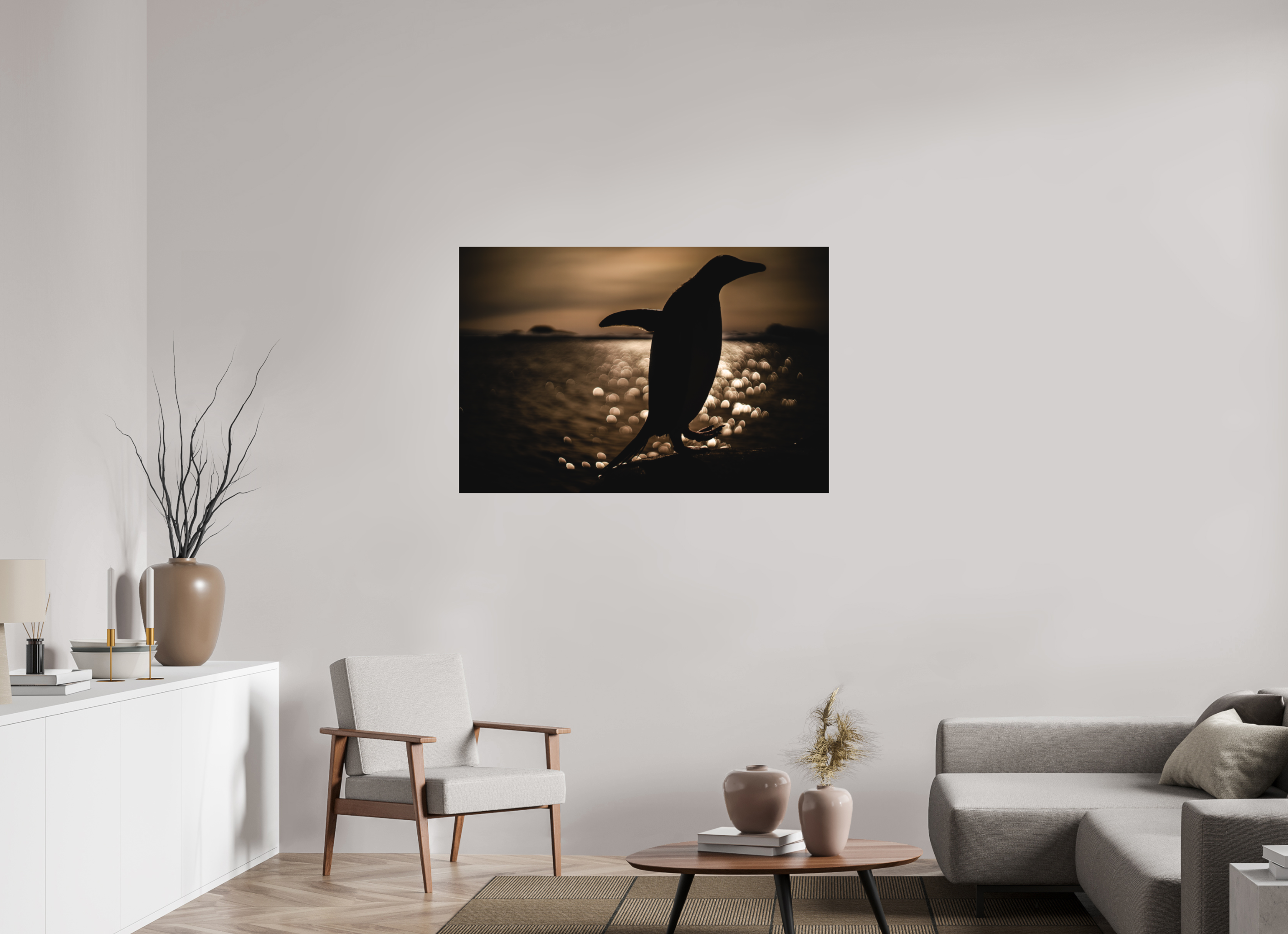 120 x 80 cm, Impression Fine Art - mat Manchot Adélie et coucher de soleil