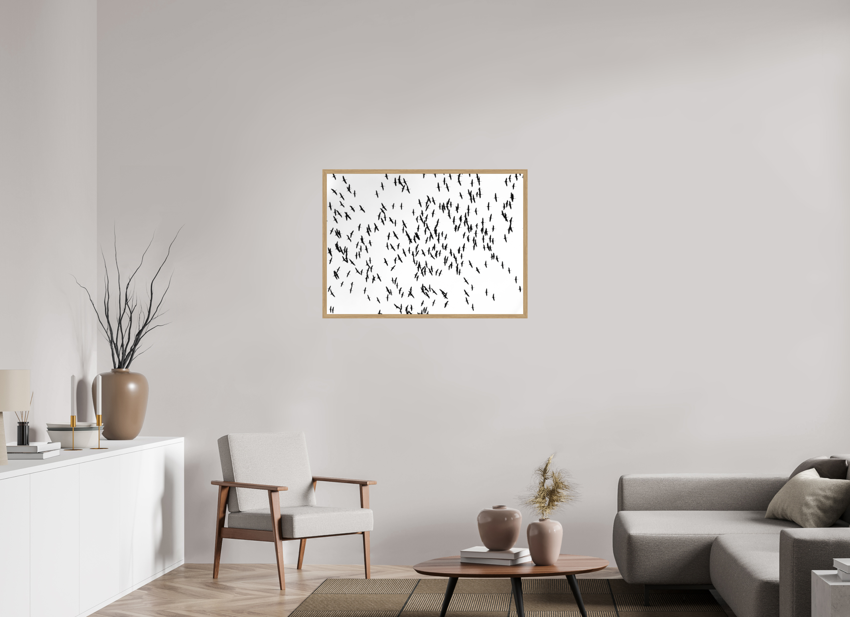 97,4 x 70 cm, Impression Fine Art encadrée en chêne naturel - mat Grues III