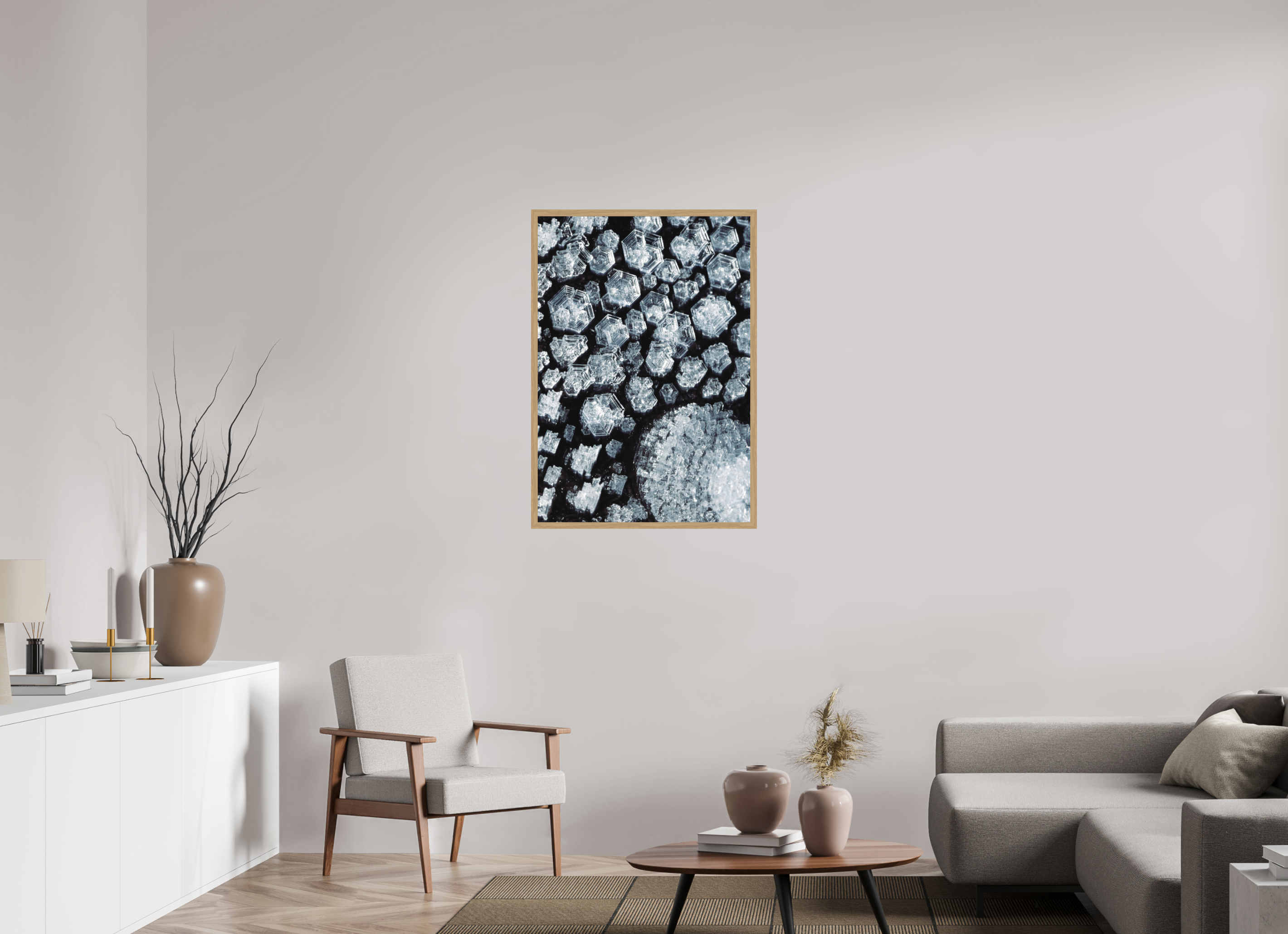 70 x 100,1 cm, Impression Fine Art encadrée en chêne naturel - mat Cristaux de glace