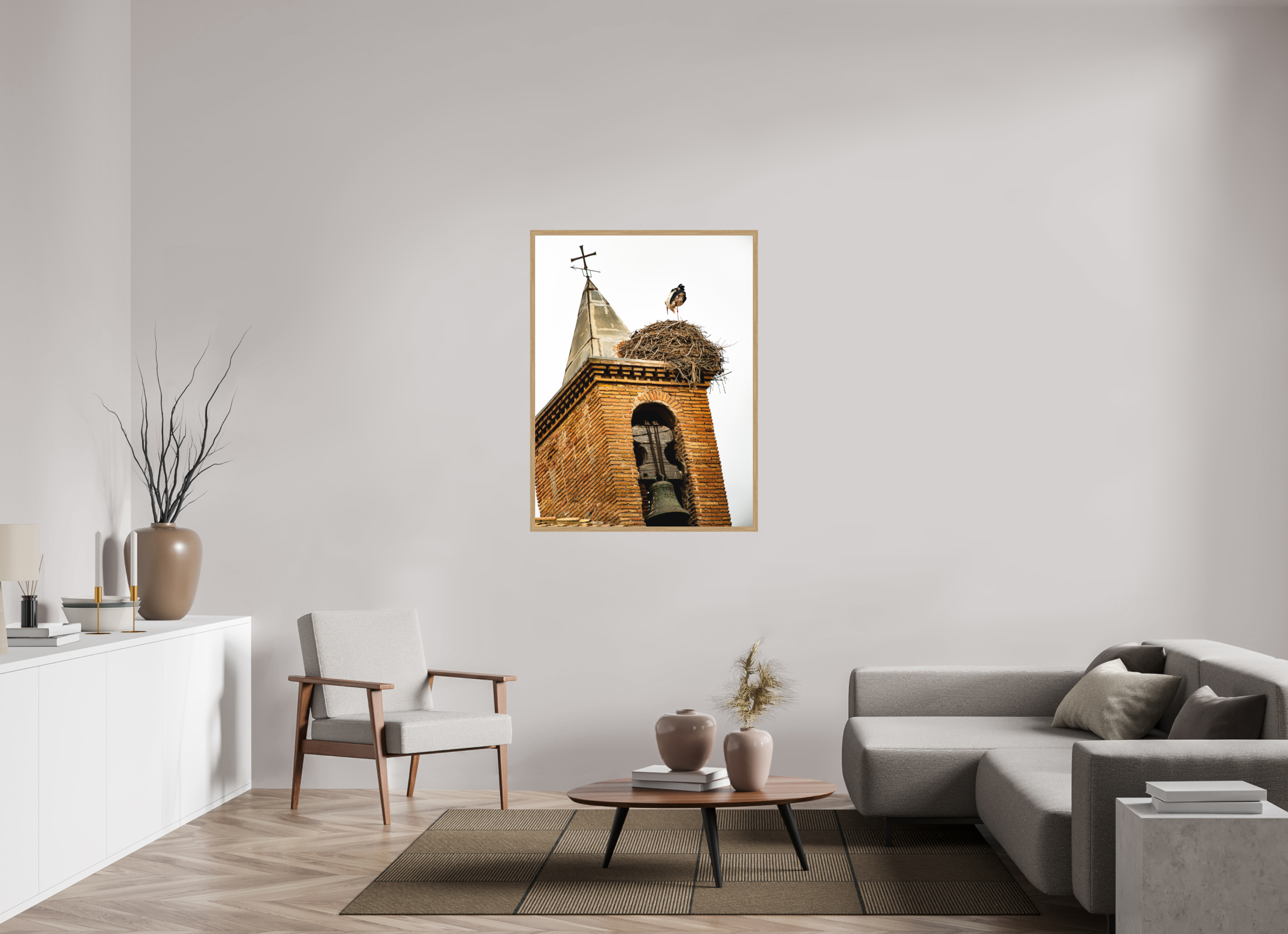 90 x 120 cm, Impression Fine Art encadrée en chêne naturel - mat Grue IV