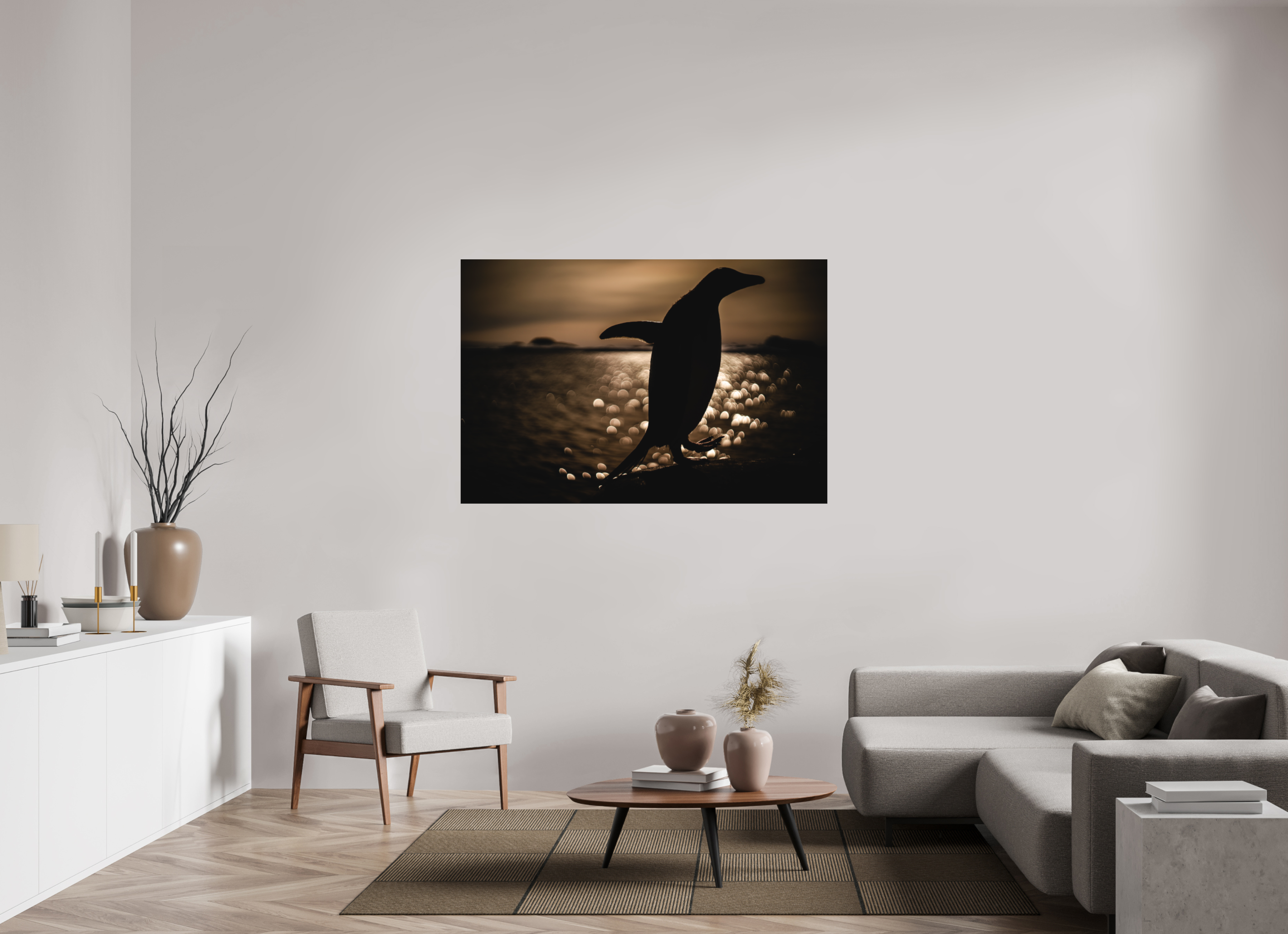 150 x 100 cm, Impression Fine Art - mat Manchot Adélie et coucher de soleil