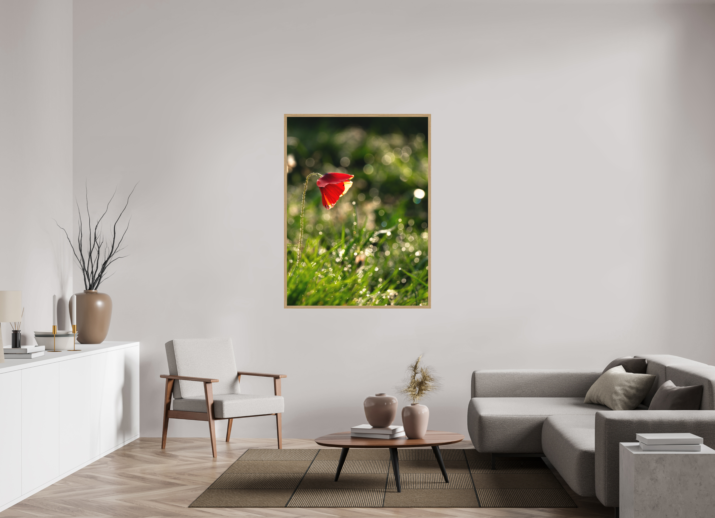 105 x 140 cm, Impression Fine Art encadrée en chêne naturel - mat coquelicot