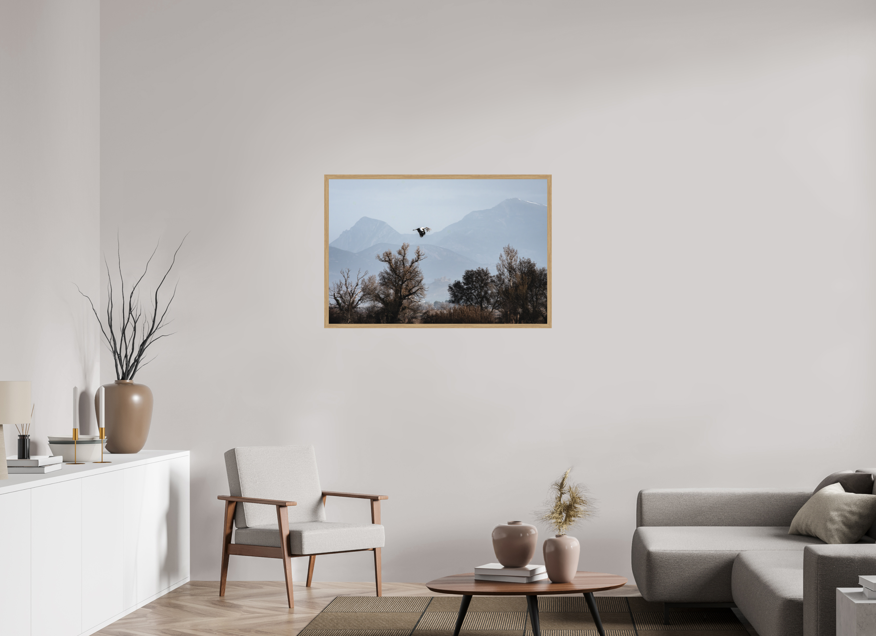105 x 70 cm, Impression Fine Art encadrée en chêne naturel - mat Grues V