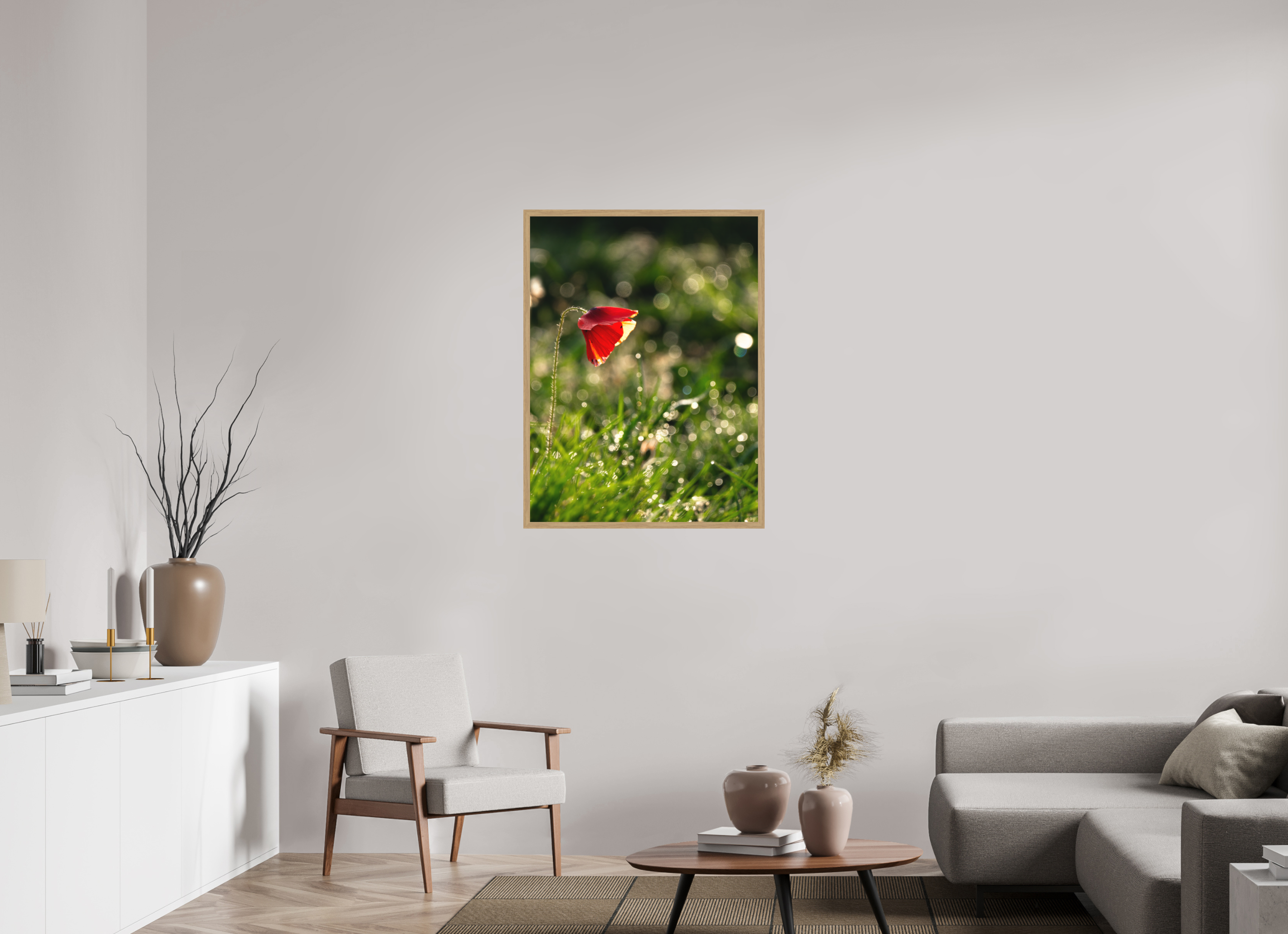 75 x 100 cm, Impression Fine Art encadrée en chêne naturel - mat coquelicot