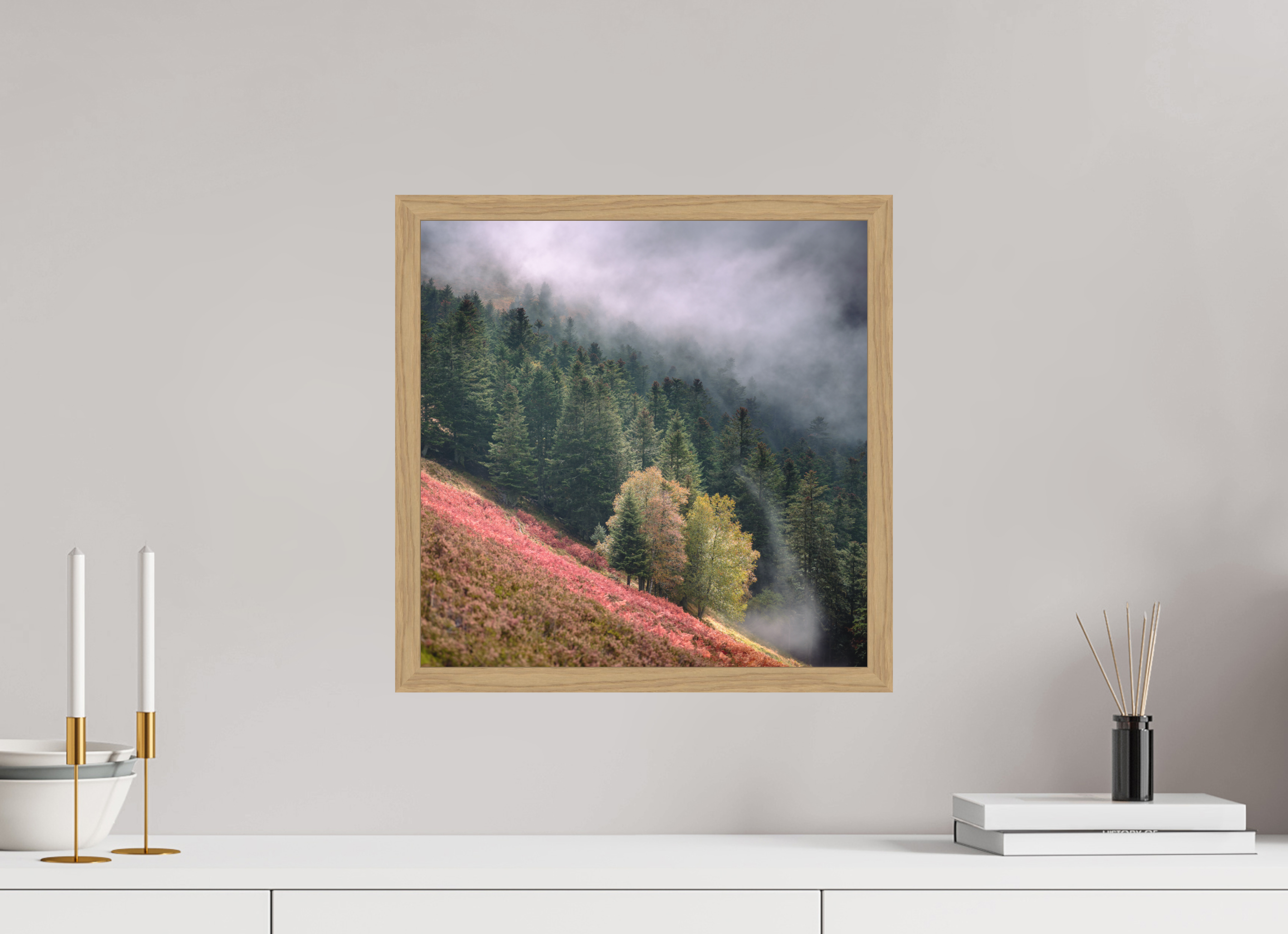 40 x 40 cm, Impression Fine Art encadrée en chêne naturel - mat Brume du soir