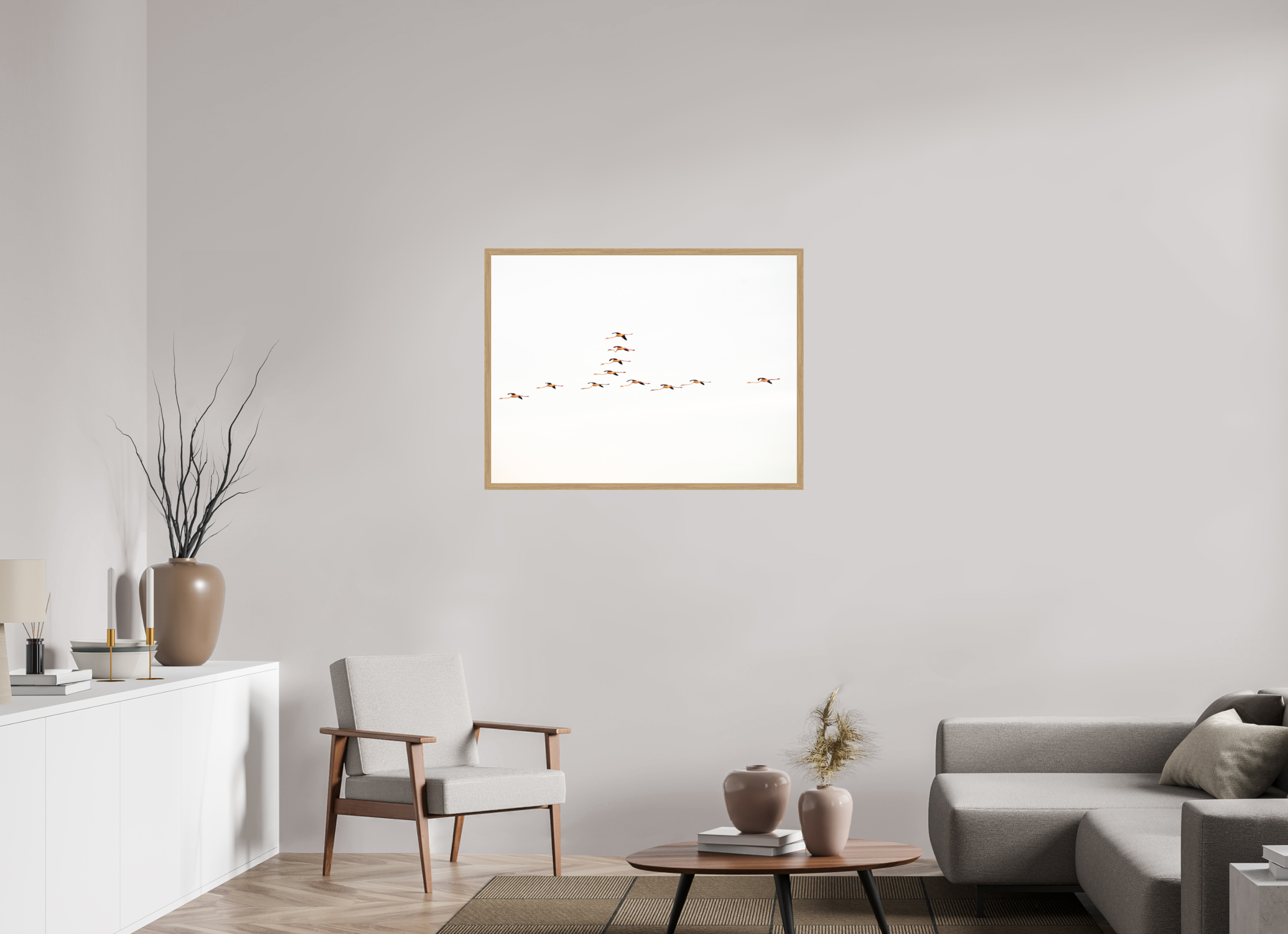 100 x 75 cm, Impression Fine Art encadrée en chêne naturel - mat Flamands roses