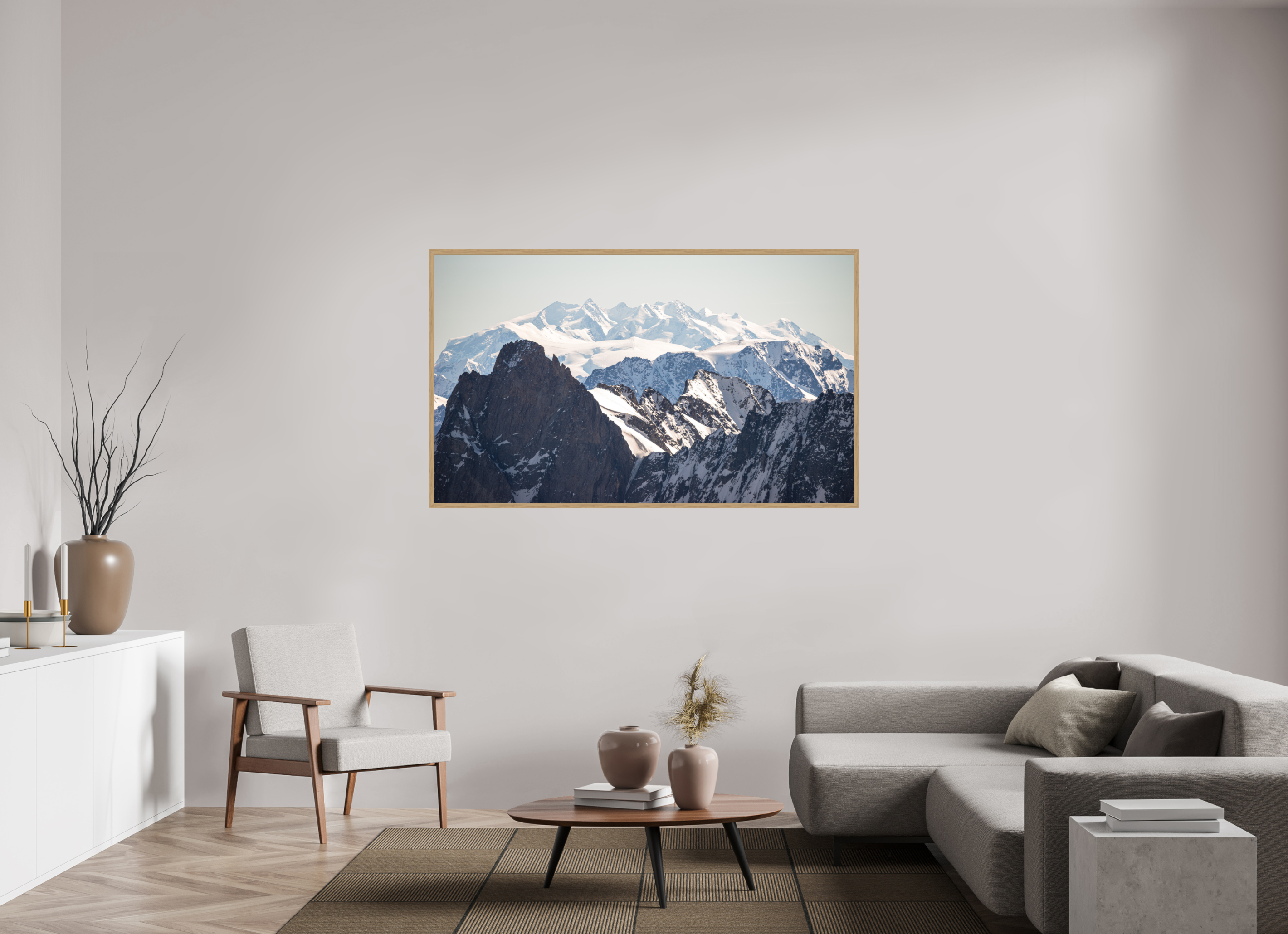 167,9 x 100 cm, Impression Fine Art encadrée en chêne naturel - mat Le massif du Mont Rose