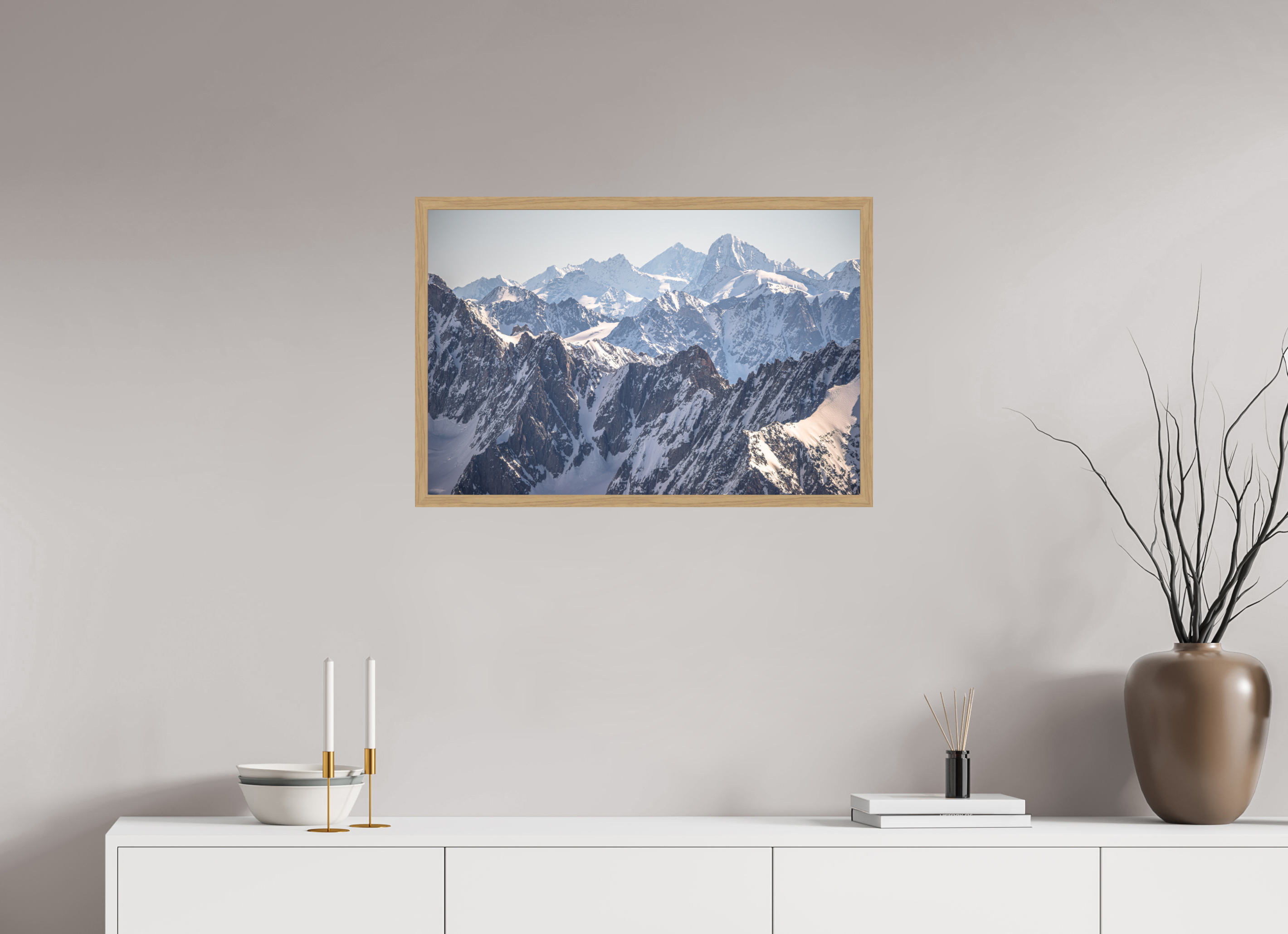 75 x 50 cm, Impression Fine Art encadrée en chêne naturel - mat Dom des Mischabels et Dent Blanche