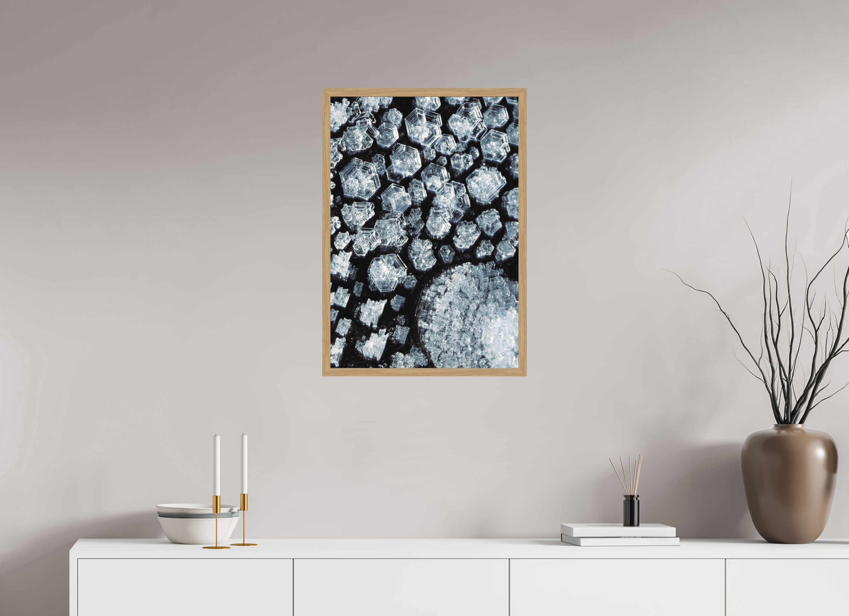 50 x 71,5 cm, Impression Fine Art encadrée en chêne naturel - mat Cristaux de glace