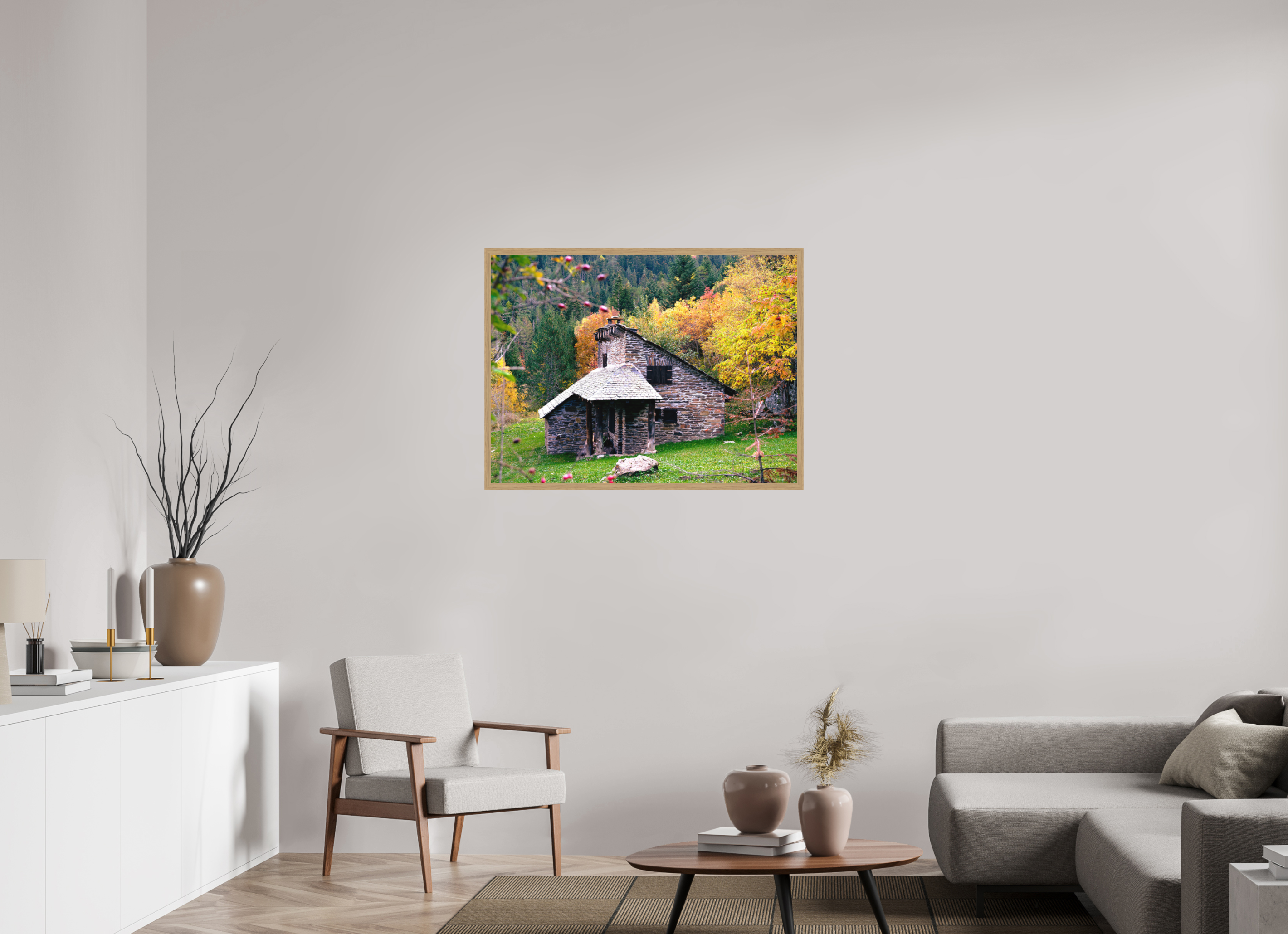 100 x 75 cm, Impression Fine Art encadrée en chêne naturel - mat Une petite maison dans la prairie