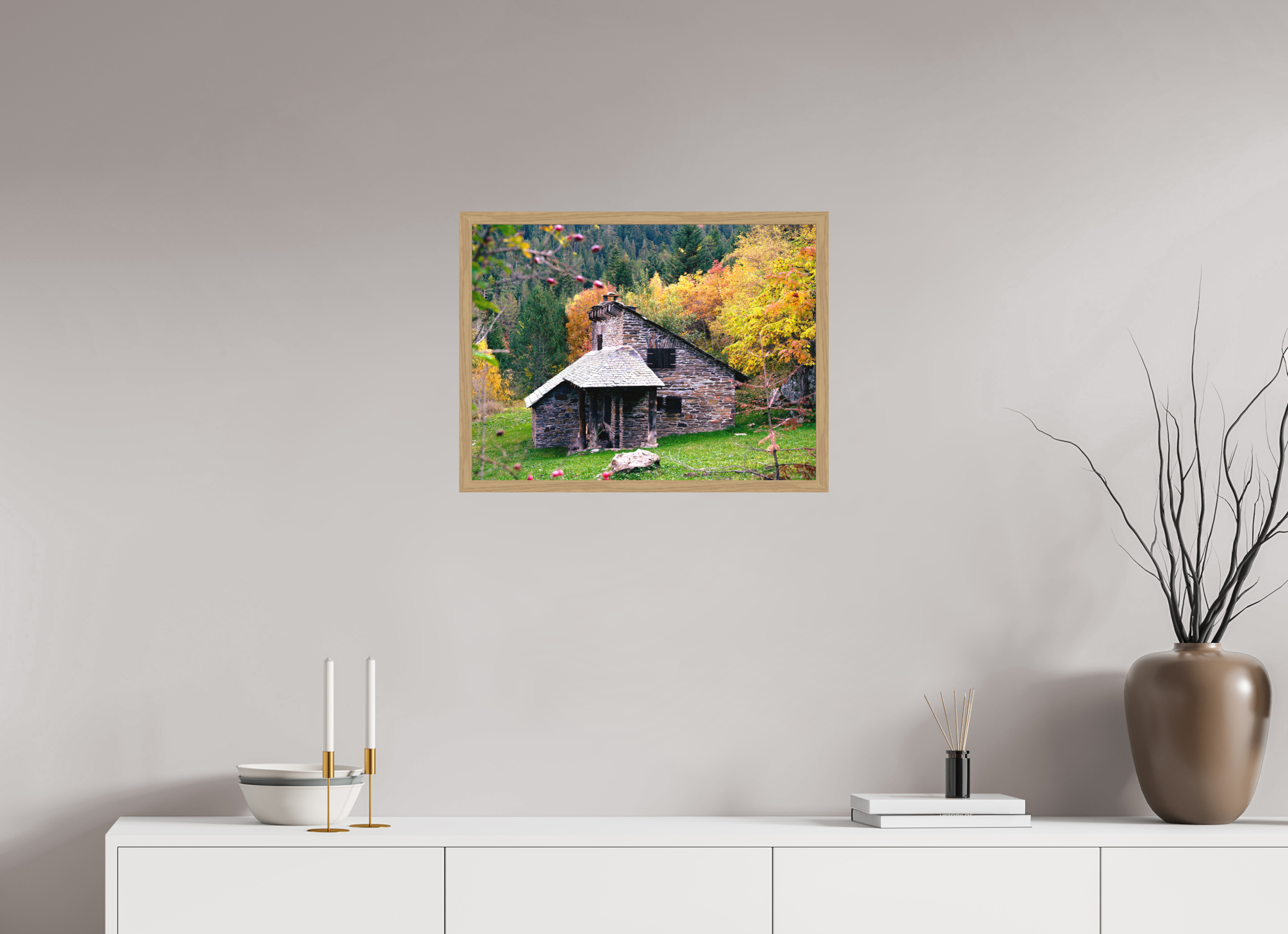 60 x 45 cm, Impression Fine Art encadrée en chêne naturel - mat Une petite maison dans la prairie
