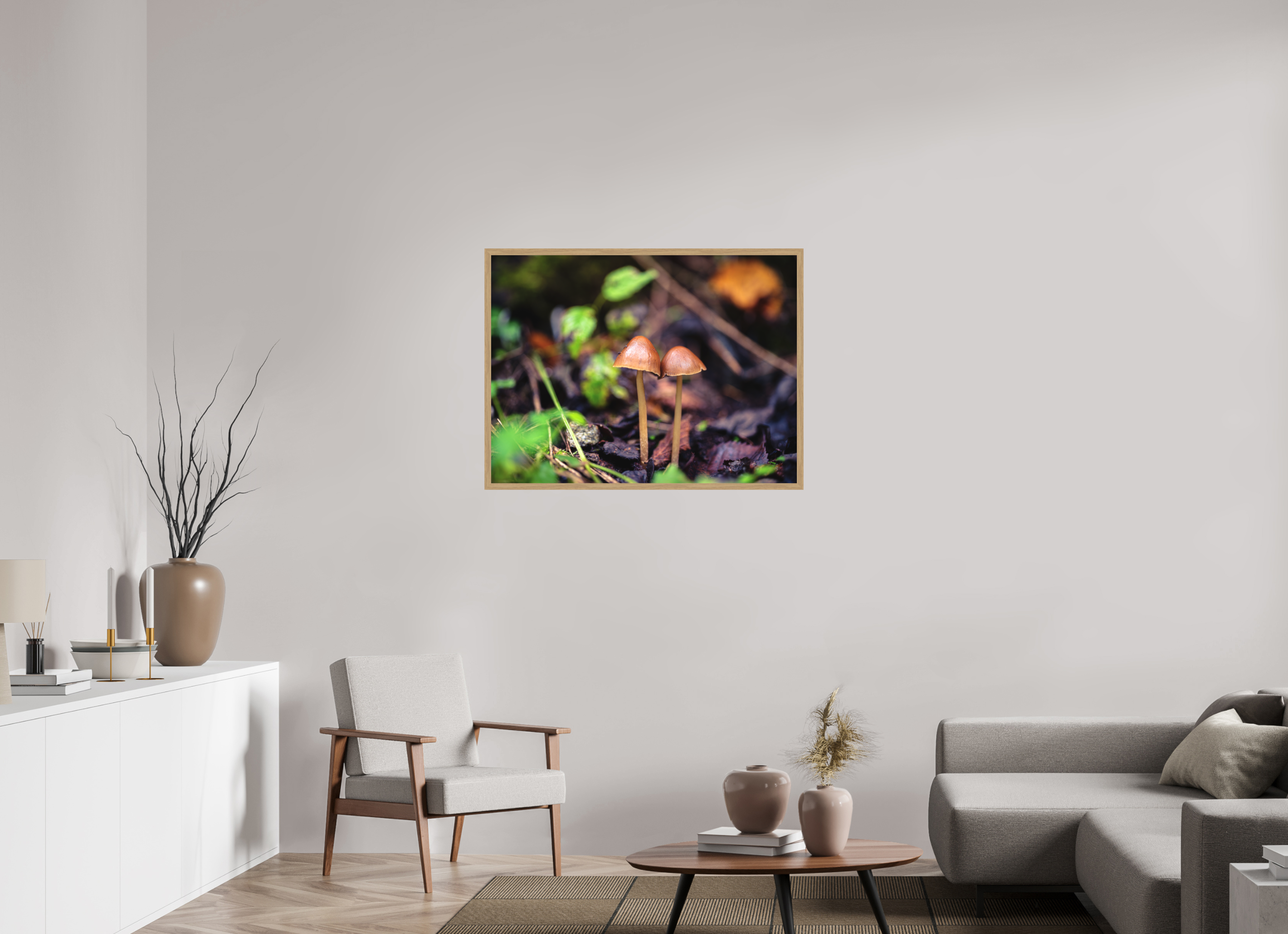 100 x 75 cm, Impression Fine Art encadrée en chêne naturel - mat Champignons