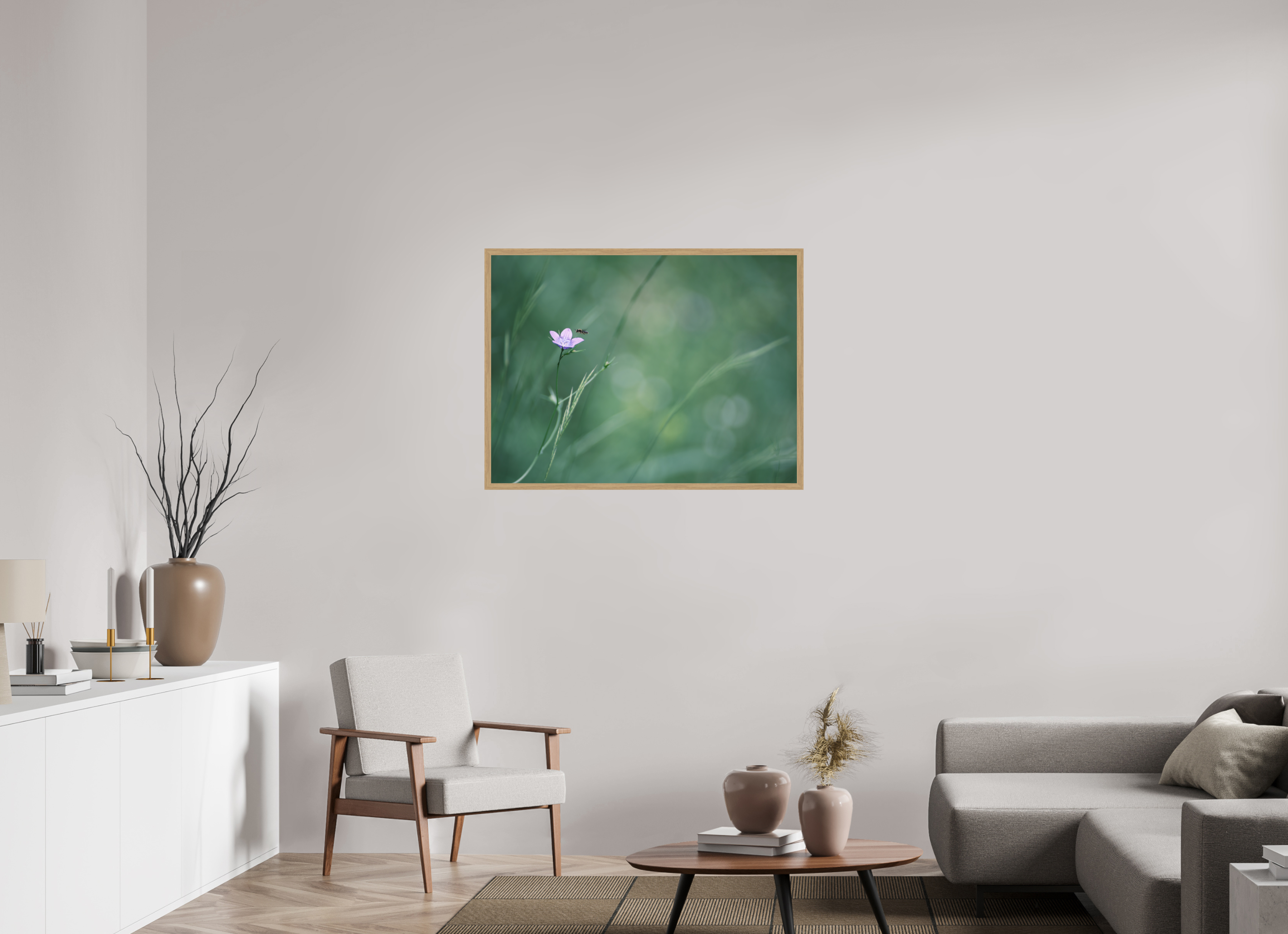 100 x 75 cm, Impression Fine Art encadrée en chêne naturel - mat Petite fleur des champs