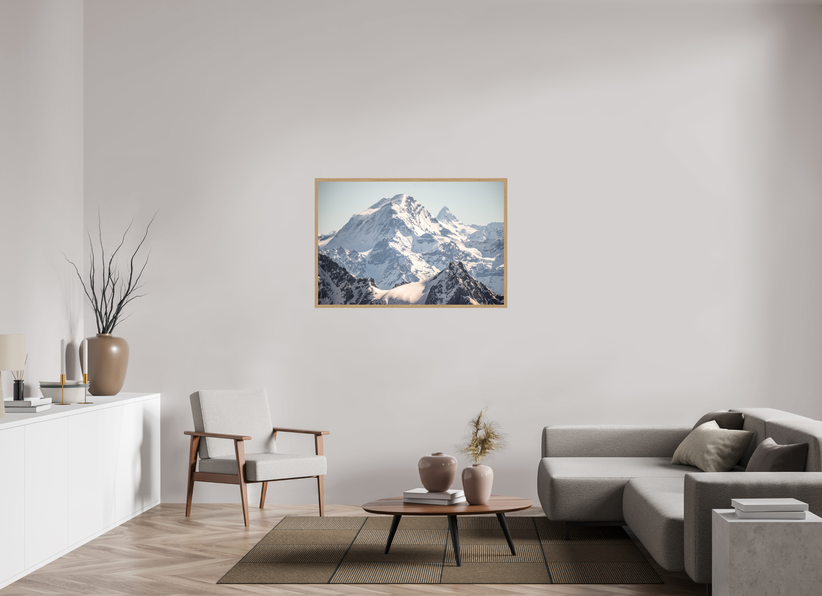 120 x 80 cm, Impression Fine Art encadrée en chêne naturel - mat Grand Combin et Cervin