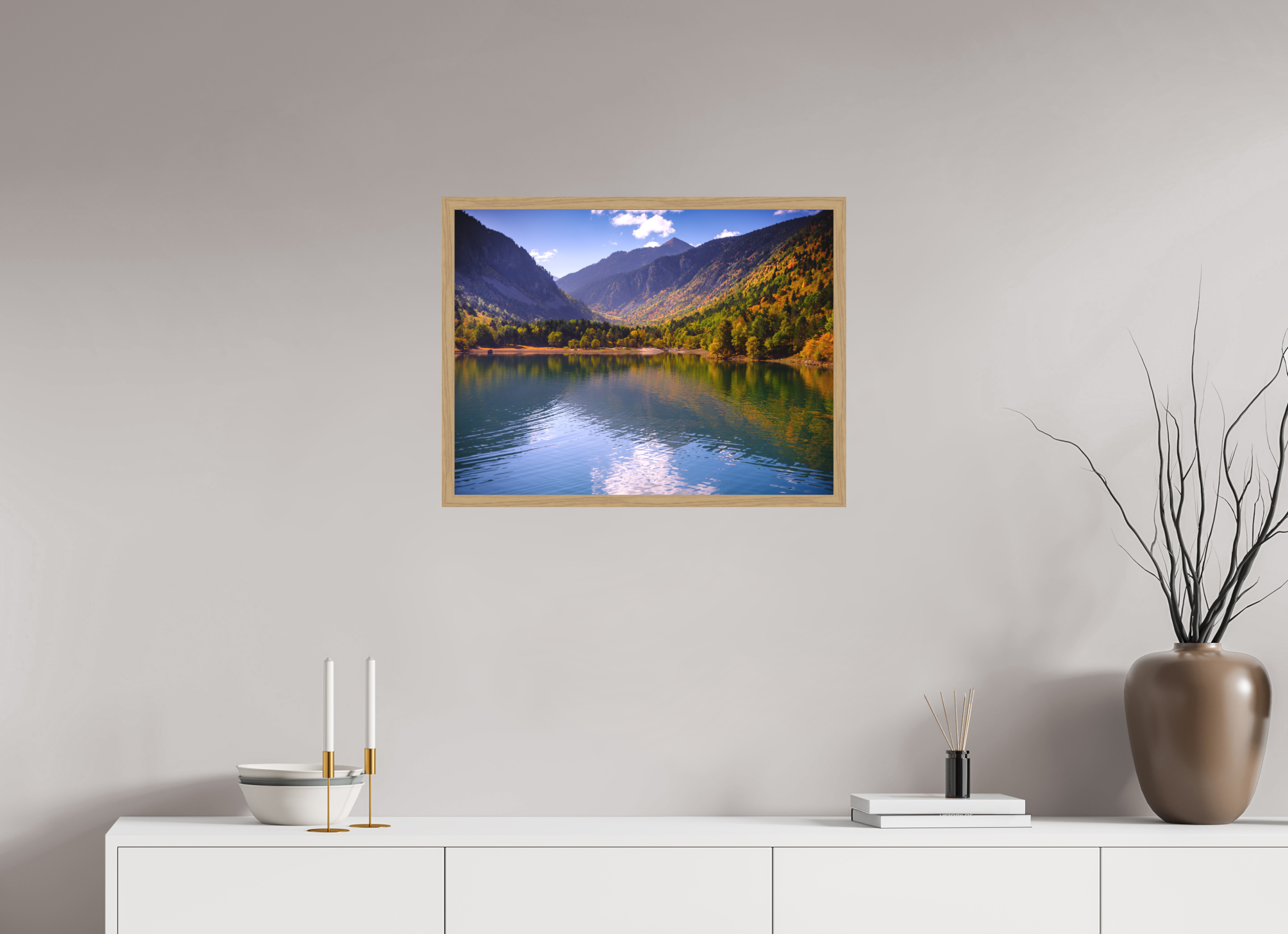 65,9 x 50 cm, Impression Fine Art encadrée en chêne naturel - mat Lac et automne