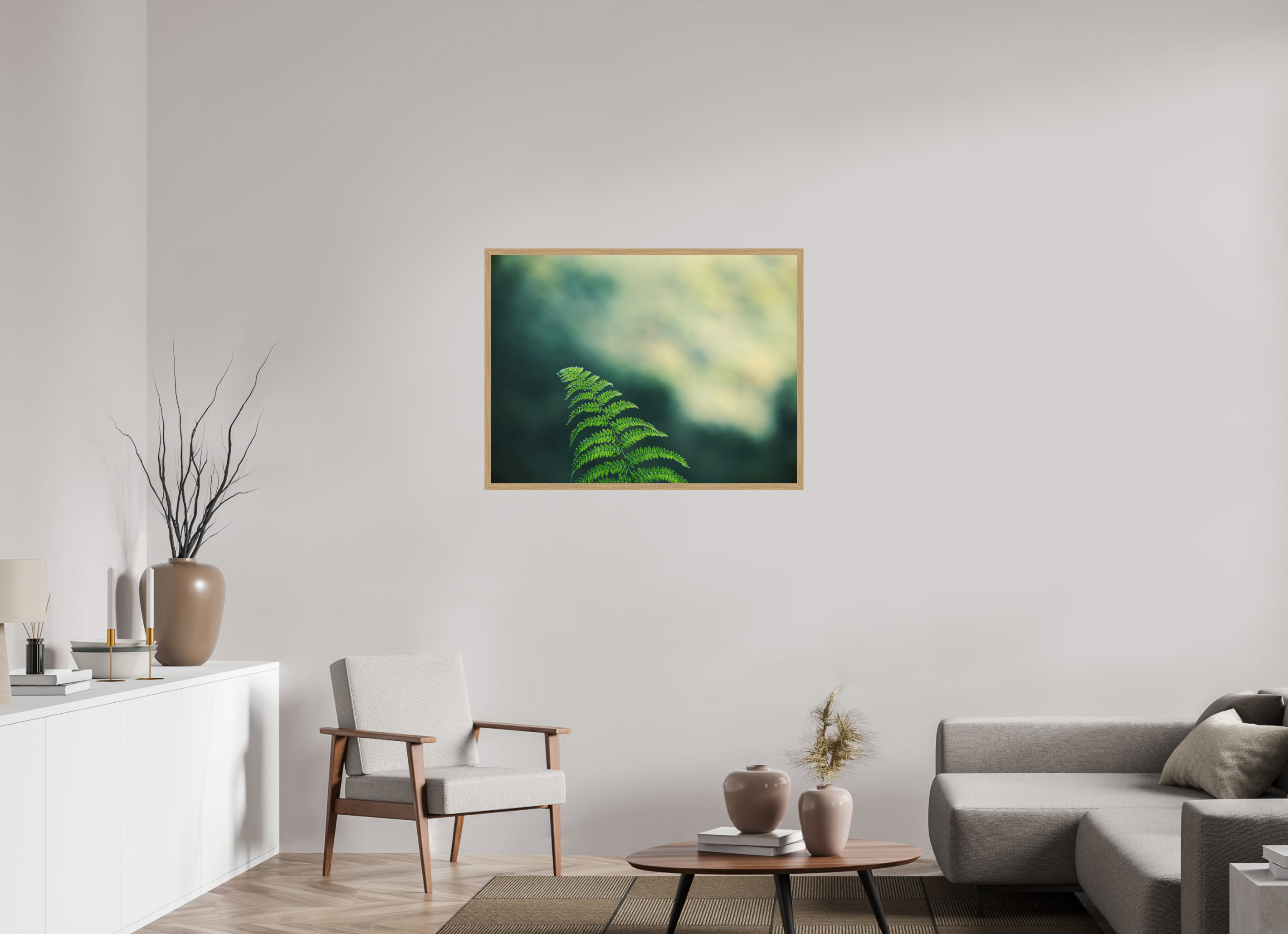 100 x 75 cm, Impression Fine Art encadrée en chêne naturel - mat Fougère