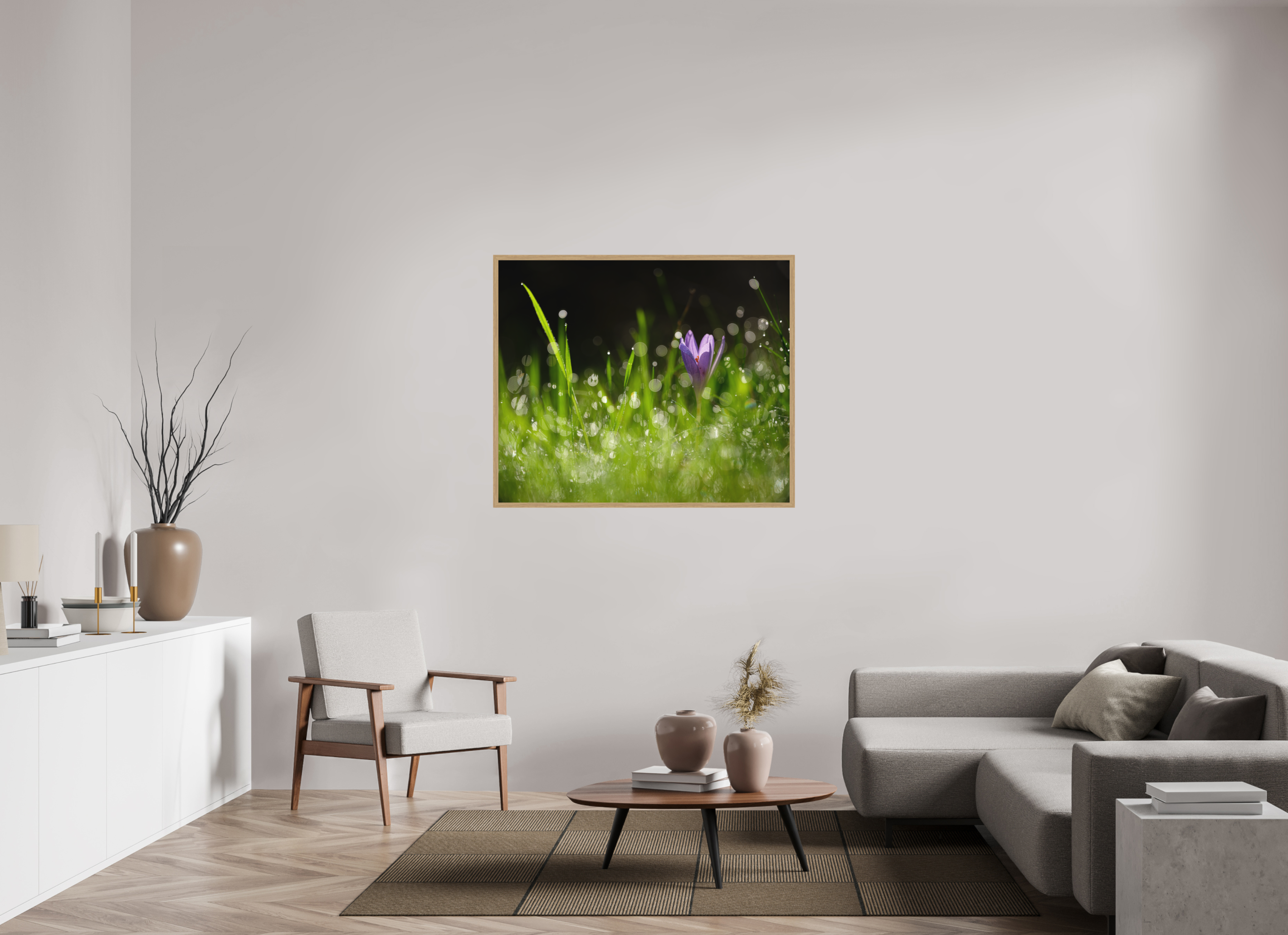120 x 100 cm, Impression Fine Art encadrée en chêne naturel - mat fleurs