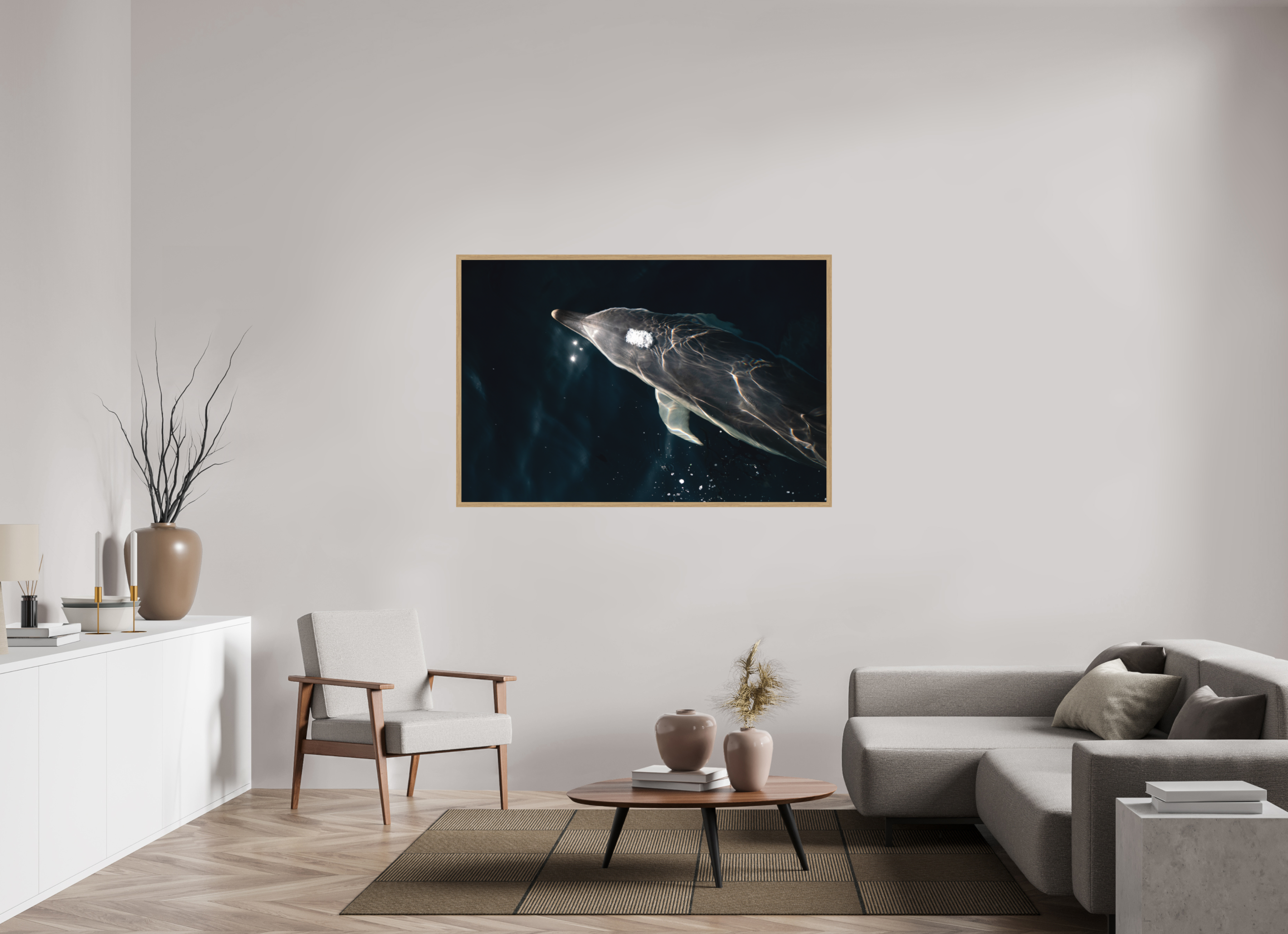 150 x 100 cm, Impression Fine Art encadrée en chêne naturel - mat Dauphin joueur