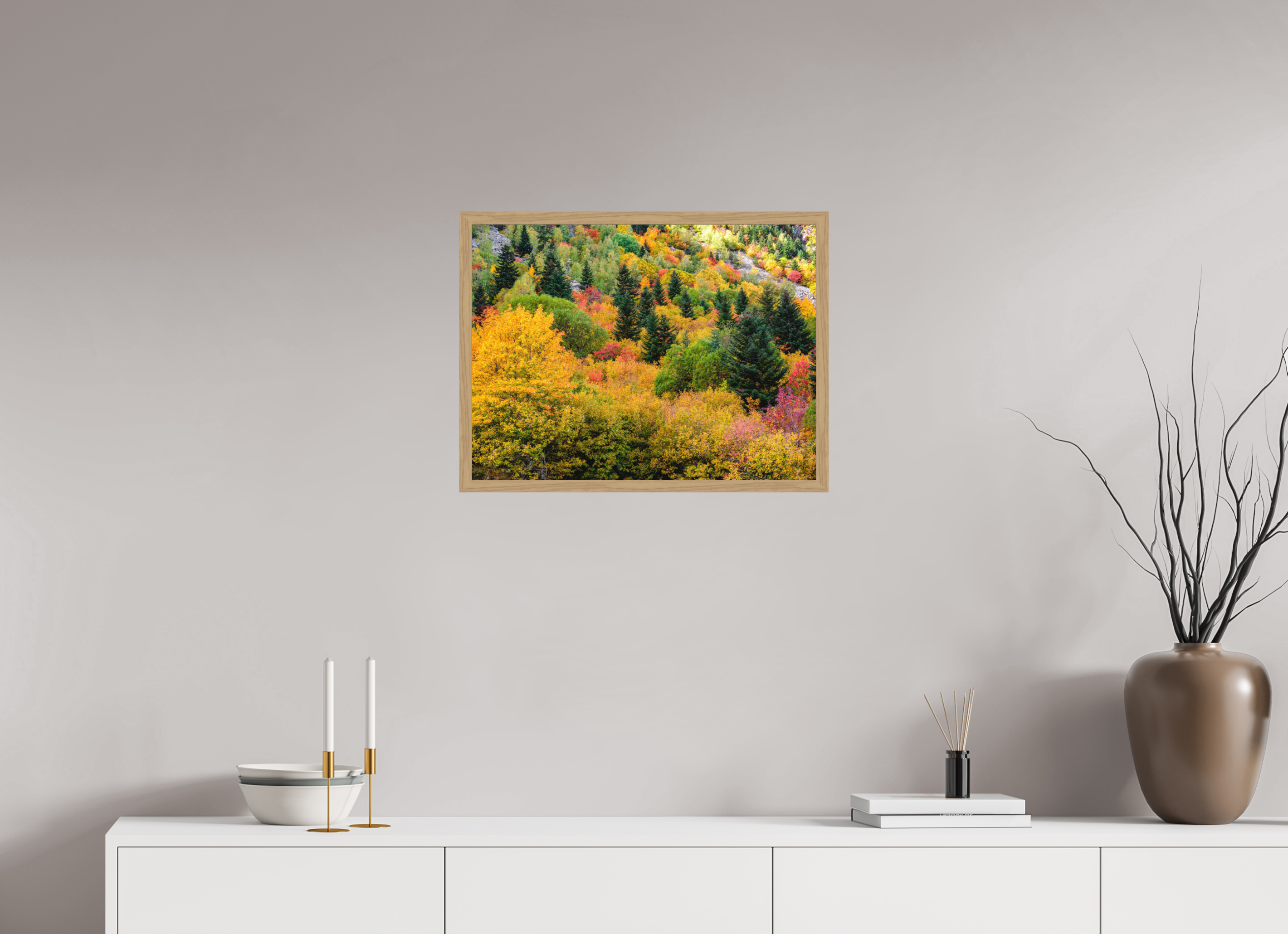 60 x 45 cm, Impression Fine Art encadrée en chêne naturel - mat Forêt de couleurs