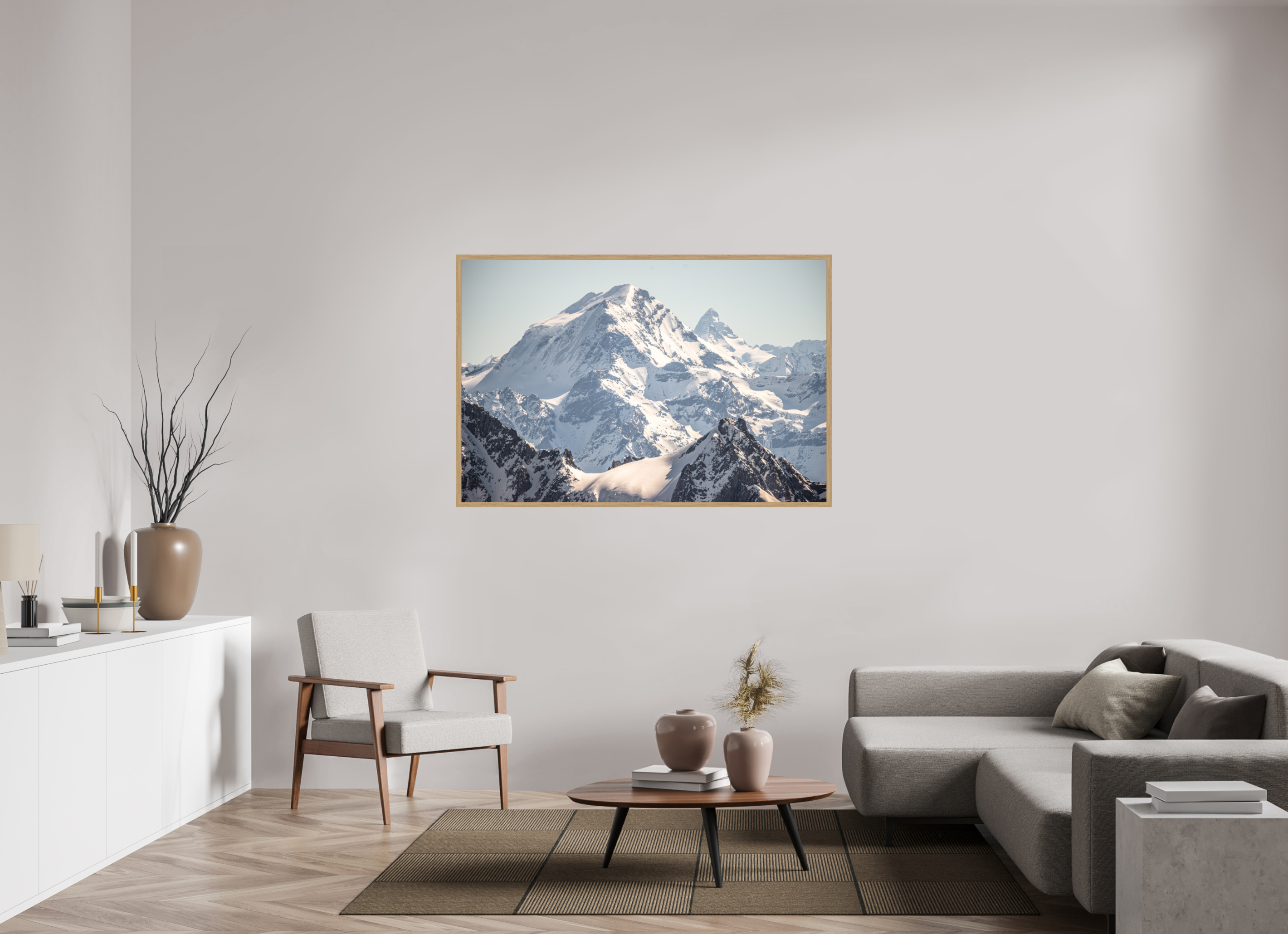 150 x 100 cm, Impression Fine Art encadrée en chêne naturel - mat Grand Combin et Cervin