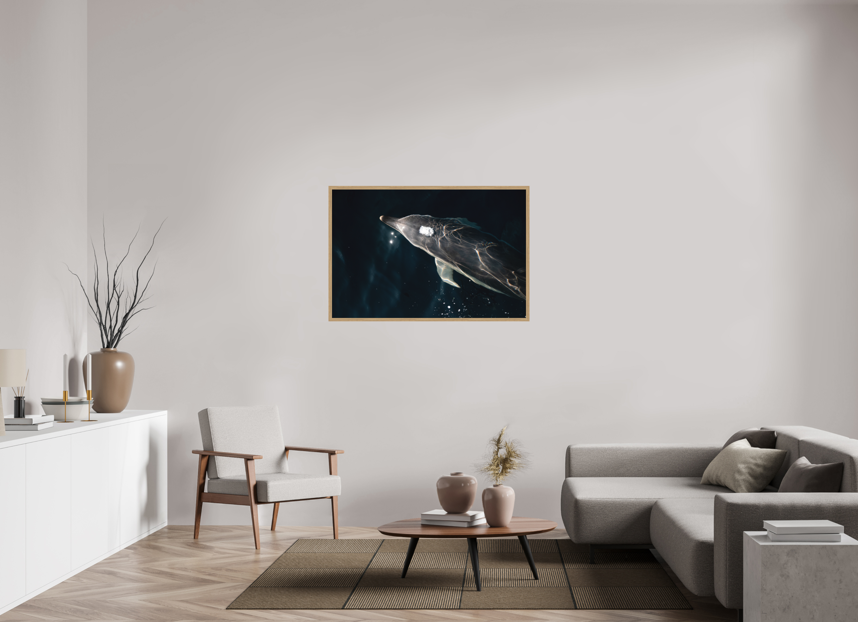 120 x 80 cm, Impression Fine Art encadrée en chêne naturel - mat Dauphin joueur