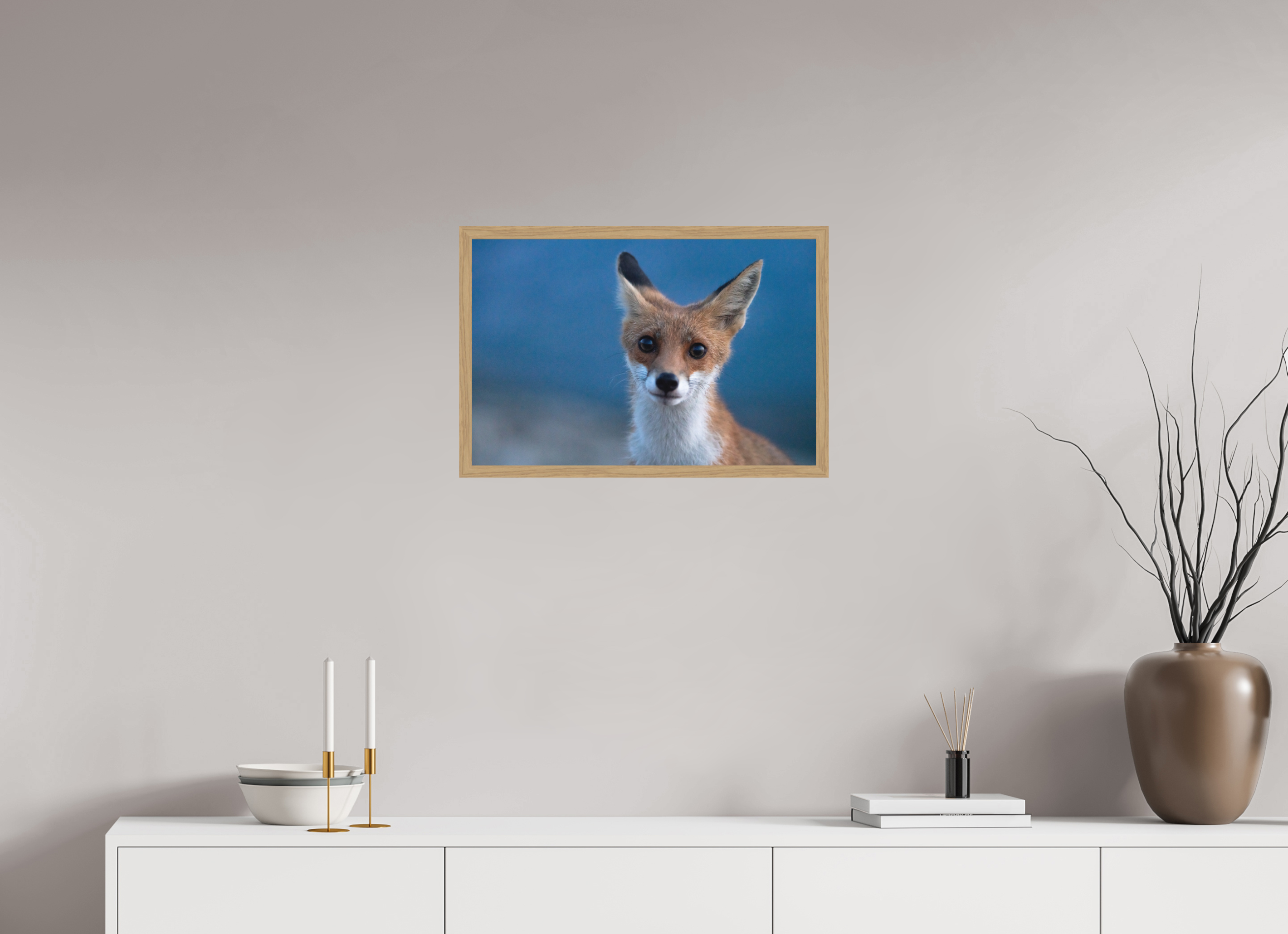 60 x 40 cm, Impression Fine Art encadrée en chêne naturel - mat Bruno le renardeau