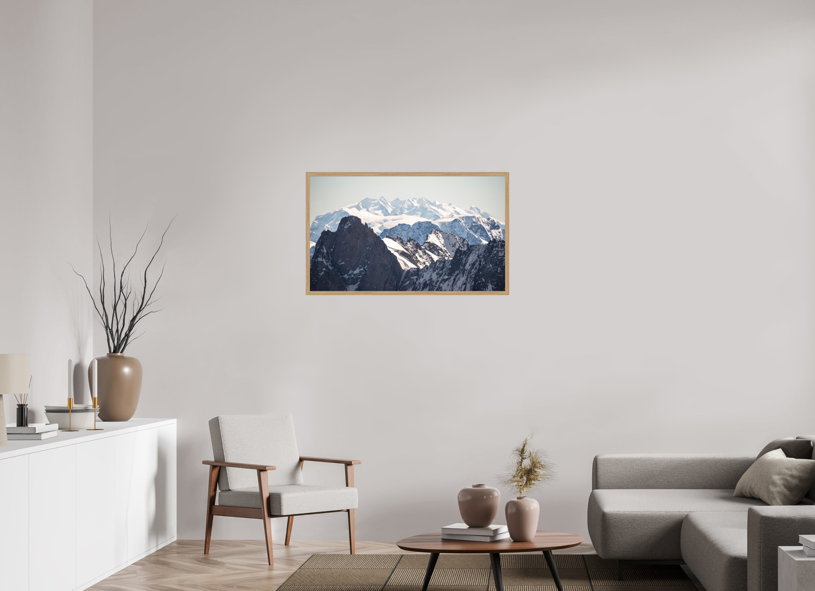 100,8 x 60 cm, Impression Fine Art encadrée en chêne naturel - mat Le massif du Mont Rose