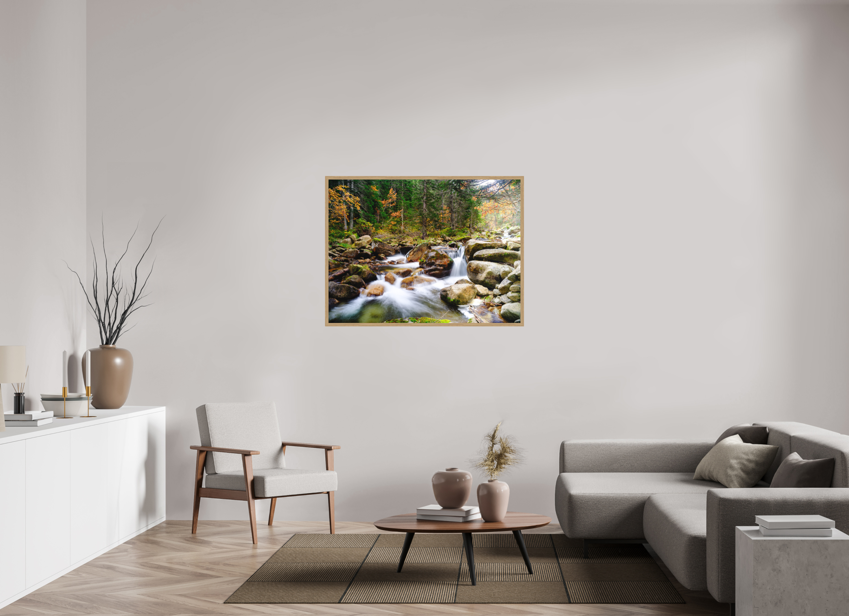 120 x 90 cm, Impression Fine Art encadrée en chêne naturel - mat Il en faut peu pour être heureux