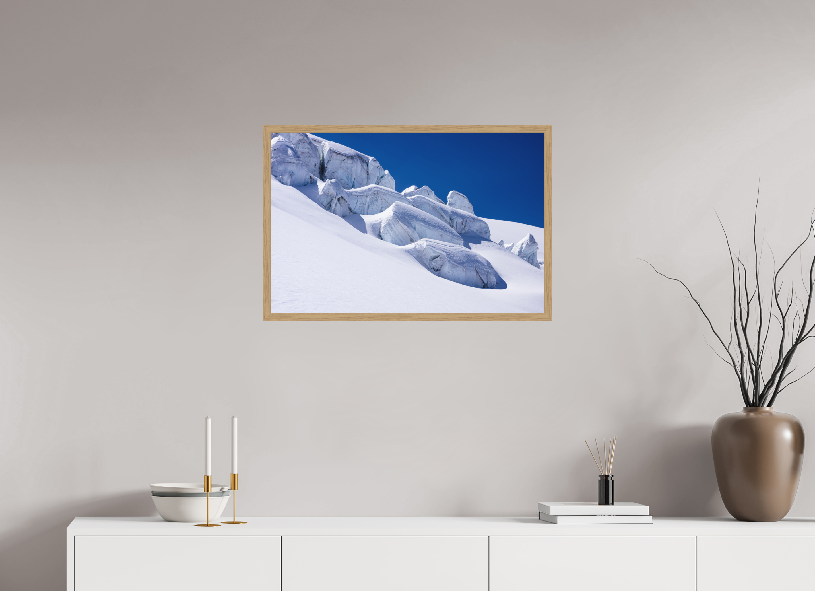 75 x 50 cm, Impression Fine Art encadrée en chêne naturel - mat Séracs du glacier de la Dent Blanche